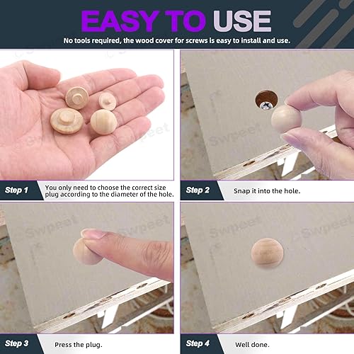 Miniatura 4 de Swpeet 140 tapones de botón de madera de 316 pulgadas, 516 pulgadas, 38 pulgadas, 12 pulgadas, tapones para agujeros de madera dura, juego de