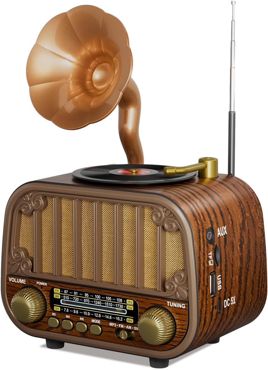 MG006 Retro Vintage Radio with Bluetooth, AM/FM/SW Portable Radio with USB/TF Playback, 1200mAh Rechargeable Battery Type-C, Retro Wooden Design for Home Decor, Gift for Elderly Parents