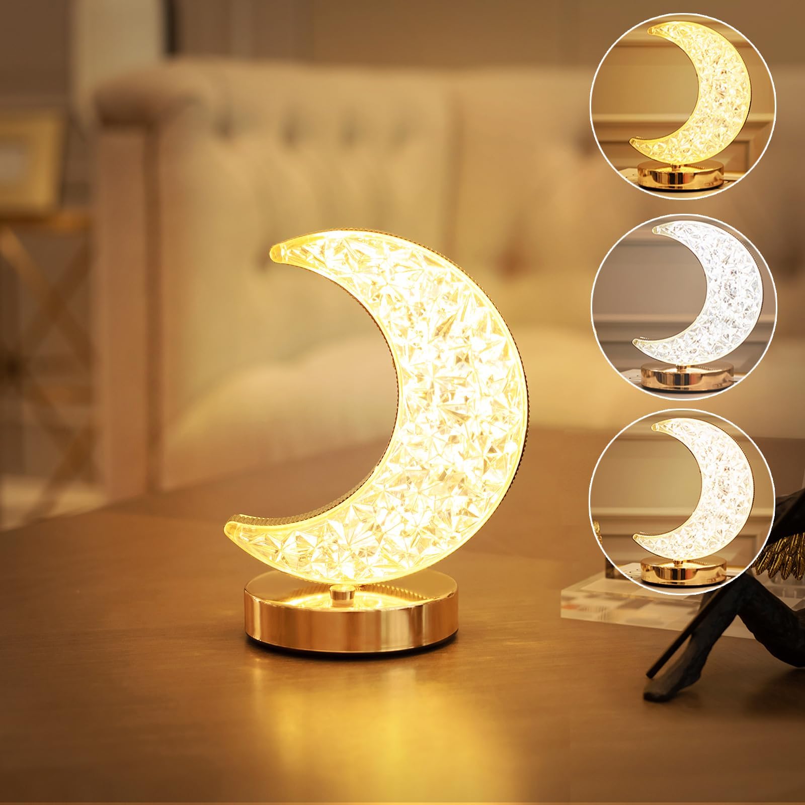 Moon Lamp, Cordless Rechargeable Stepless Dimmable Touch Nightstand Light, 3 Color Dimmable, Cordless Rechargeable Table Lamp, for Girls Room, Bedroom and Ramadan Decorations