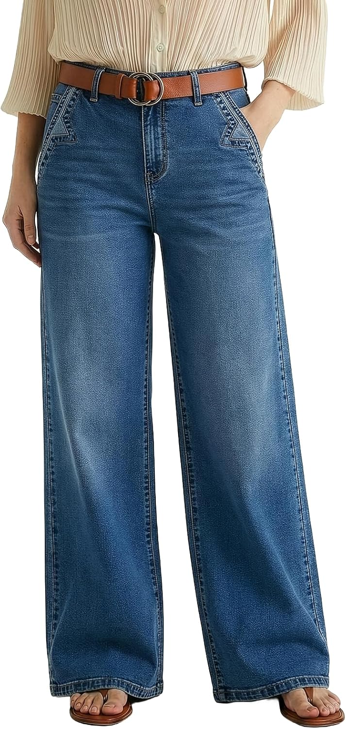 Dokotoo Women's Casual Mid Waisted Distressed Straight Wide Leg Stretchy Jeans Baggy Denim Pants