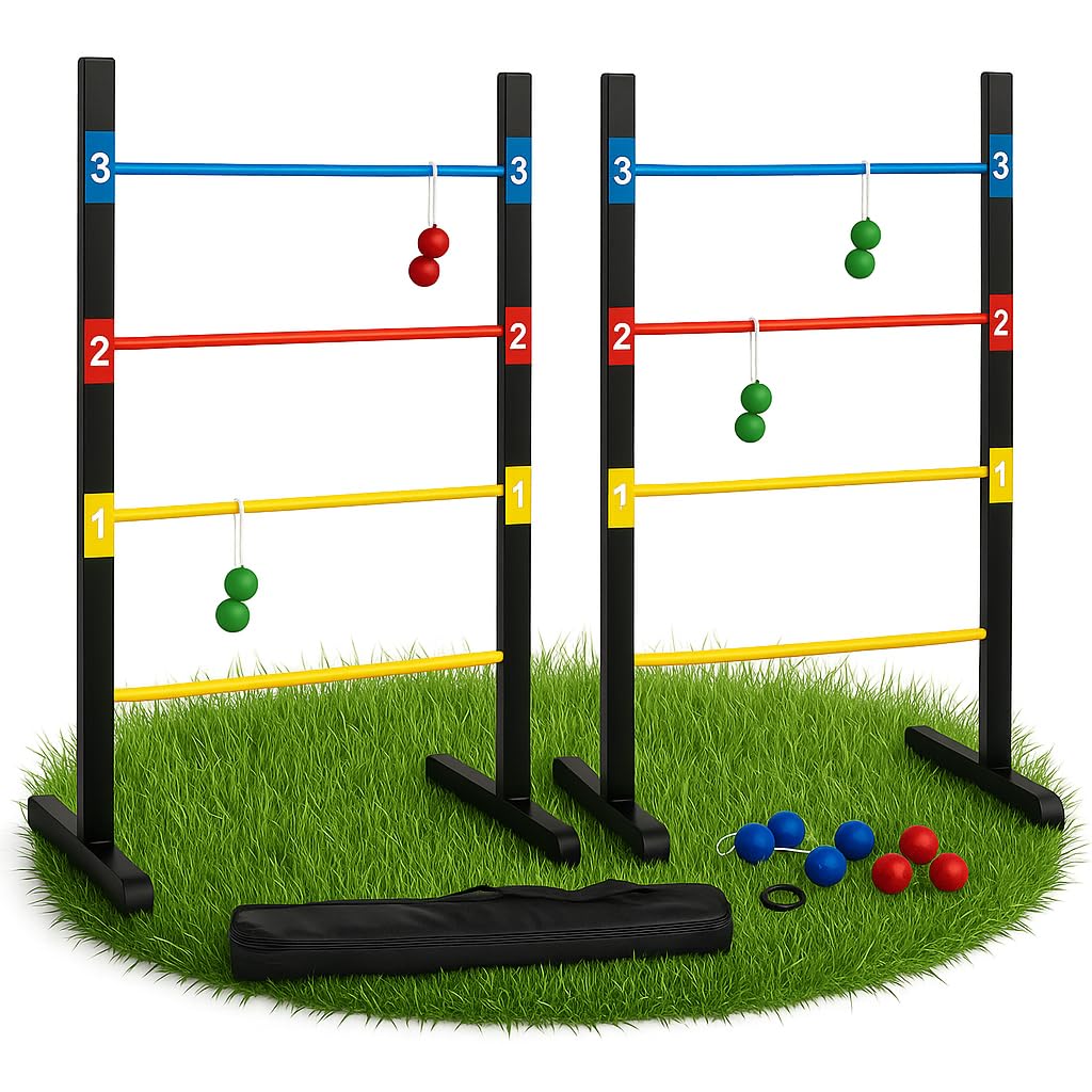 Pro Ladder Toss Indoor Outdoor Game Set for Yard & Lawn Games with 6 Soft Rubber Bolo Balls Heavy Duty Bars Stands & Travel Carrying Case | Game for Family Kids Beach Party Picnic & Adults