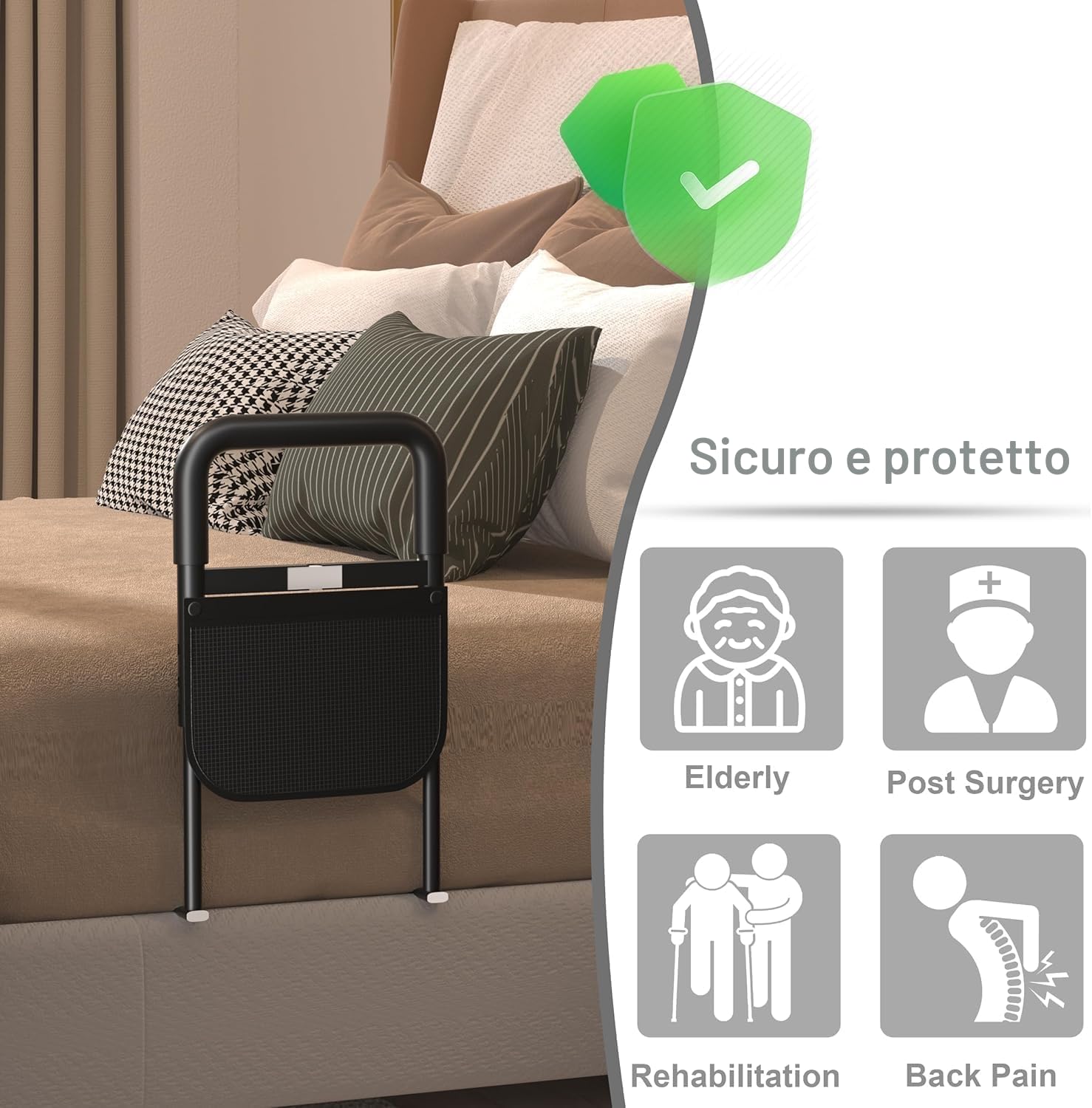 Sponda Letto Anziani Anticaduta Ausili per Alzarsi Dal Letto Regolabile in Altezza con Luce a Sensore, Supporto per Alzarsi, Sbarra di Sicurezza, Portata Fino a 180KG