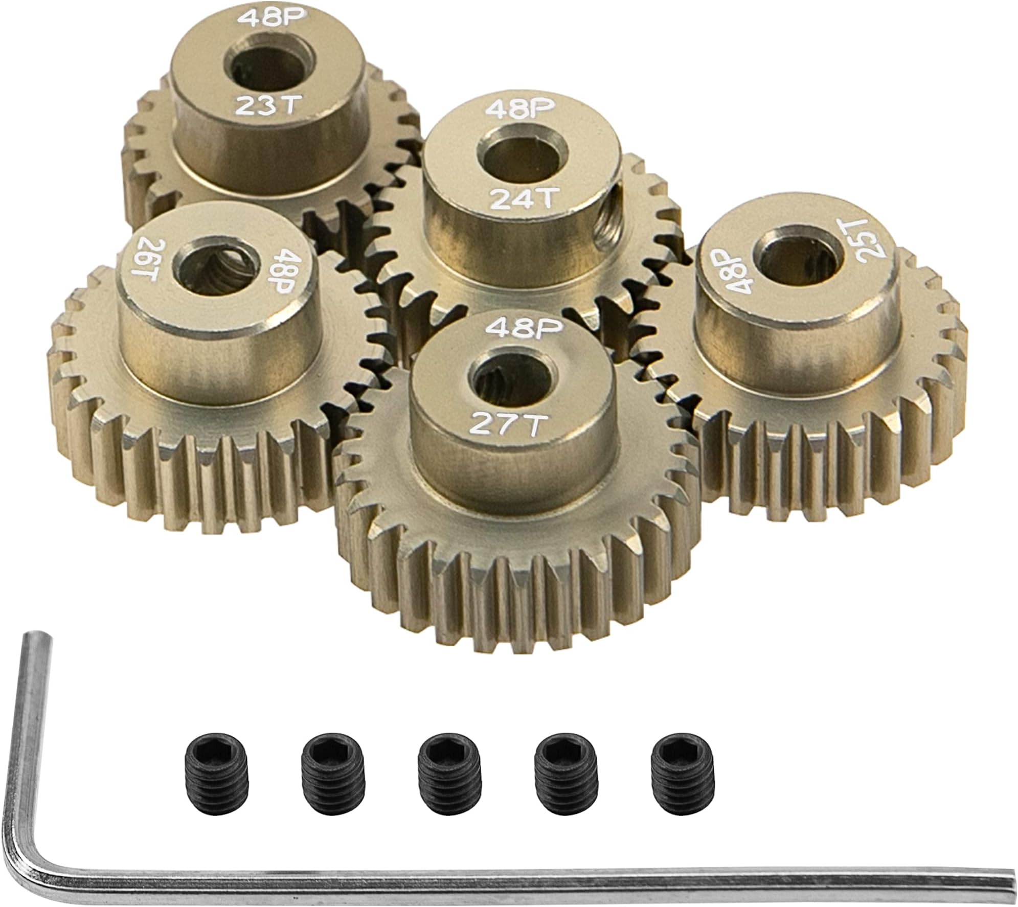 ShareGoo 7075 Aluminum Alloy 48P 3.175mm Pinion Gear Sets 23T 24T 25T 26T 27T Motor Gears Fit 3.175mm (1/8-Inch) Shaft Compatible with HPI Losi Axial Traxxas Tamiya 1/10 RC Car,5Pack