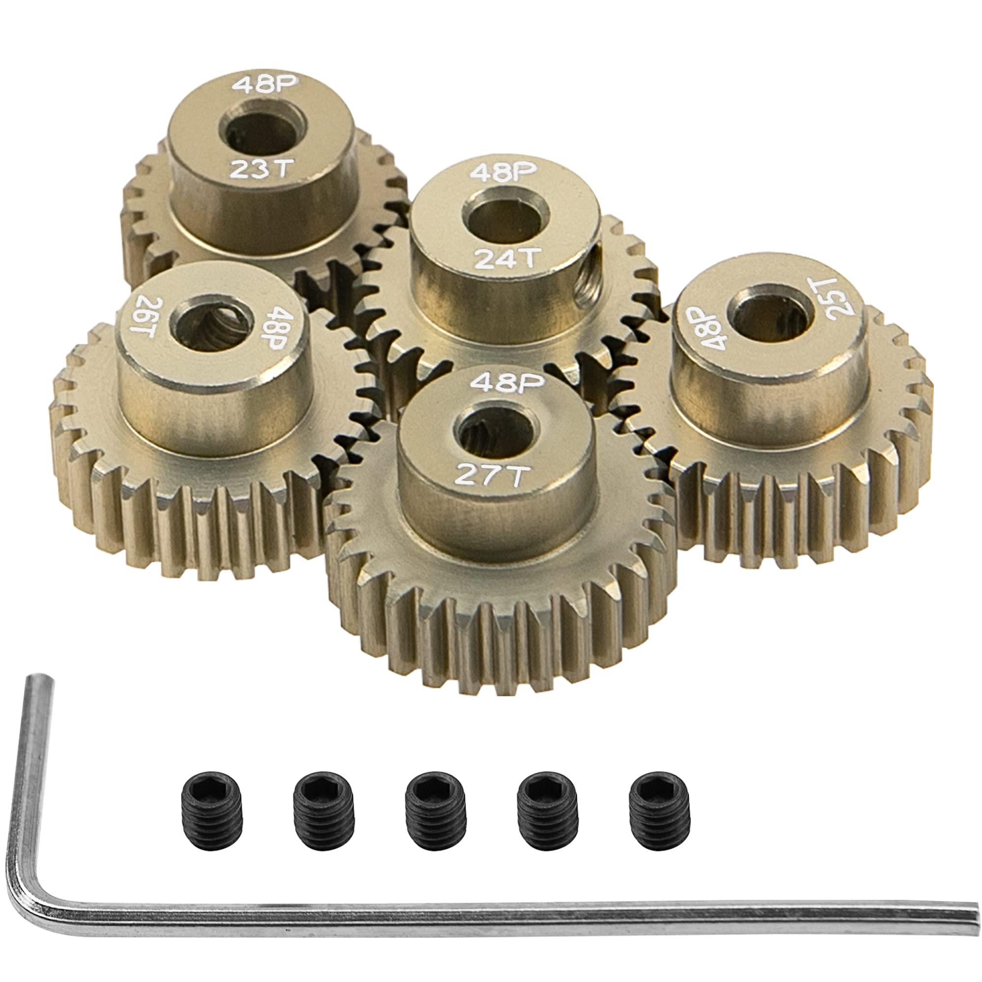 ShareGoo 7075 Aluminum Alloy 48P 3.175mm Pinion Gear Sets 23T 24T 25T 26T 27T Motor Gears Fit 3.175mm (1/8-Inch) Shaft Compatible with HPI Losi Axial Traxxas Tamiya 1/10 RC Car,5Pack