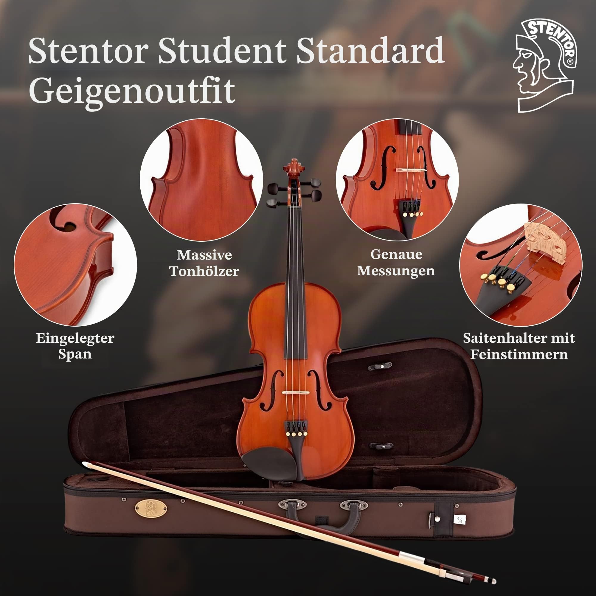 Stentor Student Standard Violinen-Set 4/4 volle Größe, Violine für Anfänger & Kinder 12+ mit Holzbogen & Tragetasche, Einsteiger-Saiteninstrumente, 1018A, Braun