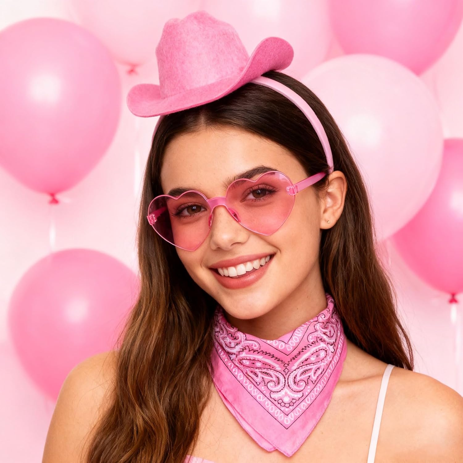 Pink Cowgirl Hat Cowgirl Accessories for Women, Cowboy Hat Headband with Heart Shaped Glasses and Bandana Scarf set, Birthday Party Costume Set for Cosplay Theme Music Festival Western Style - Image 6