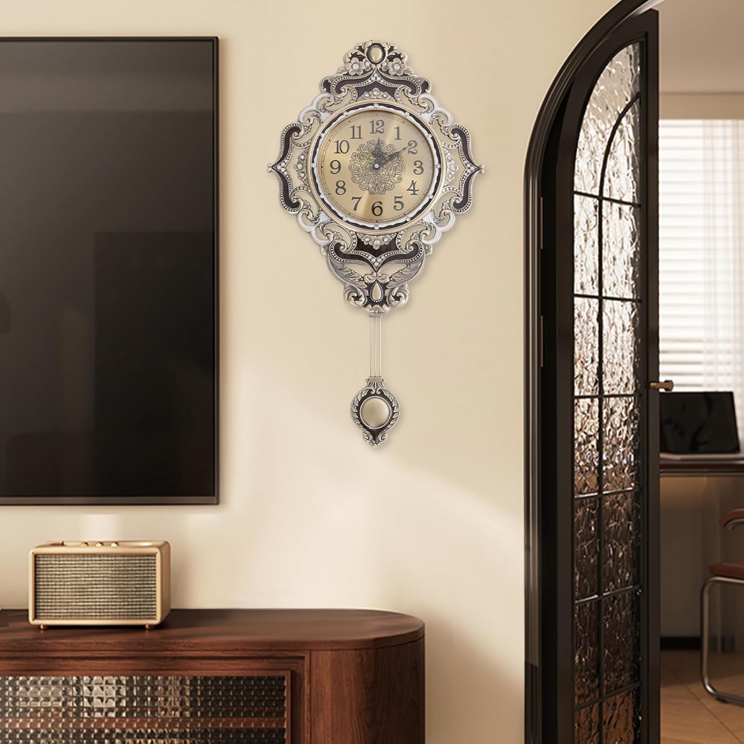 JOMCYDM Retro Decorative Wall Clock Antique Wall Clock with Swinging Pendulum Classic European Style Large Metal Silent Clocks for Home, Living Room, Bedroom