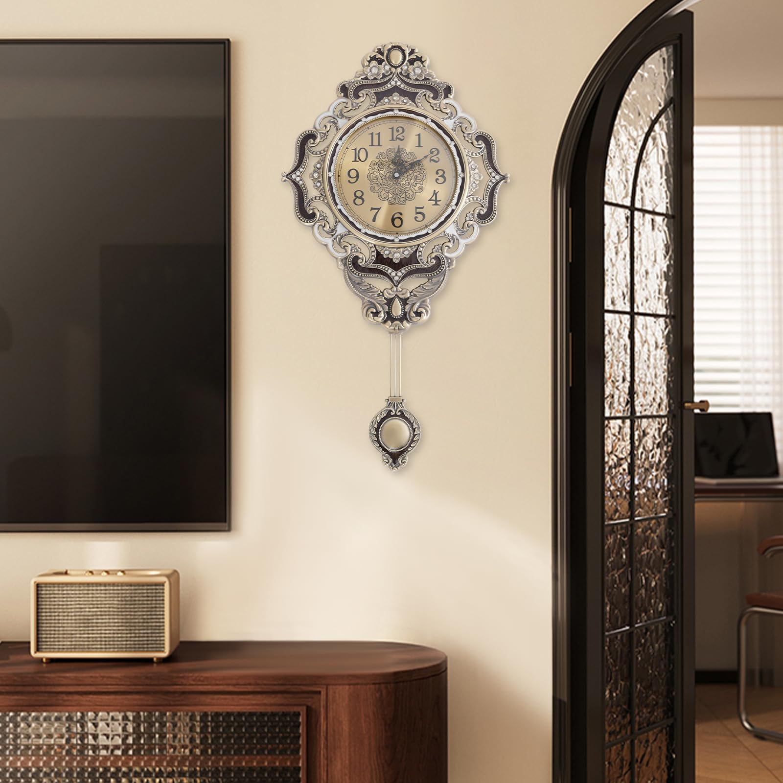 Reloj de Pared Dorado, Montado en la Pared Decorativo Estilo Retro Reloj de Pared Movimiento de Escaneo de Cuarzo Silencioso, para Salón y Oficina 37 x 63 cm