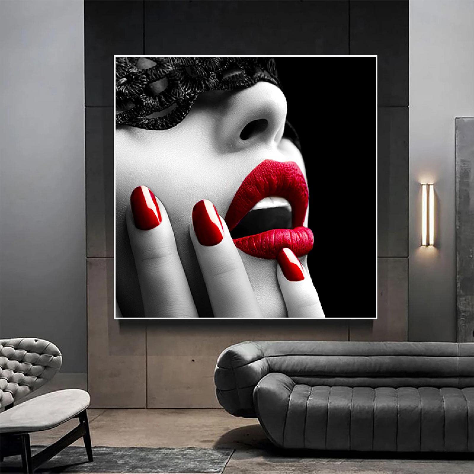 Lienzo enmarcado Arte de pared Negro Blanco Arte de pared Imagen Moda Labios rojos Modelo sexy Chica Carteles nórdicos e impresiones Arte de pared 90x90cm (35x35in) Con marco
