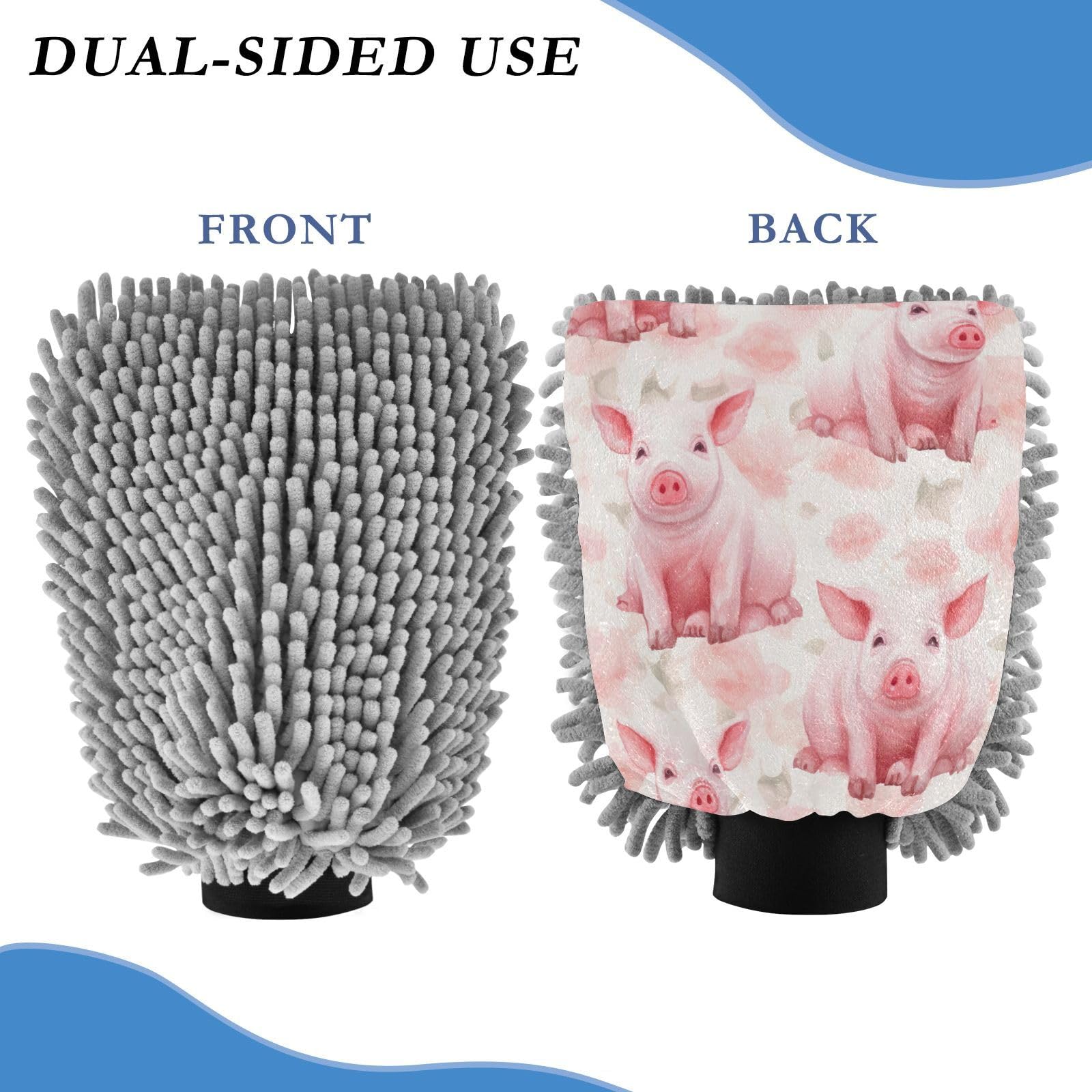 Flradish 2 Pack Cute Pig Car Wash Mitt Chenille Microfiber Lint-Free Scratch Free Ultra-Soft Absorbent Car Wash Mitt 10.2x7.09 Inch