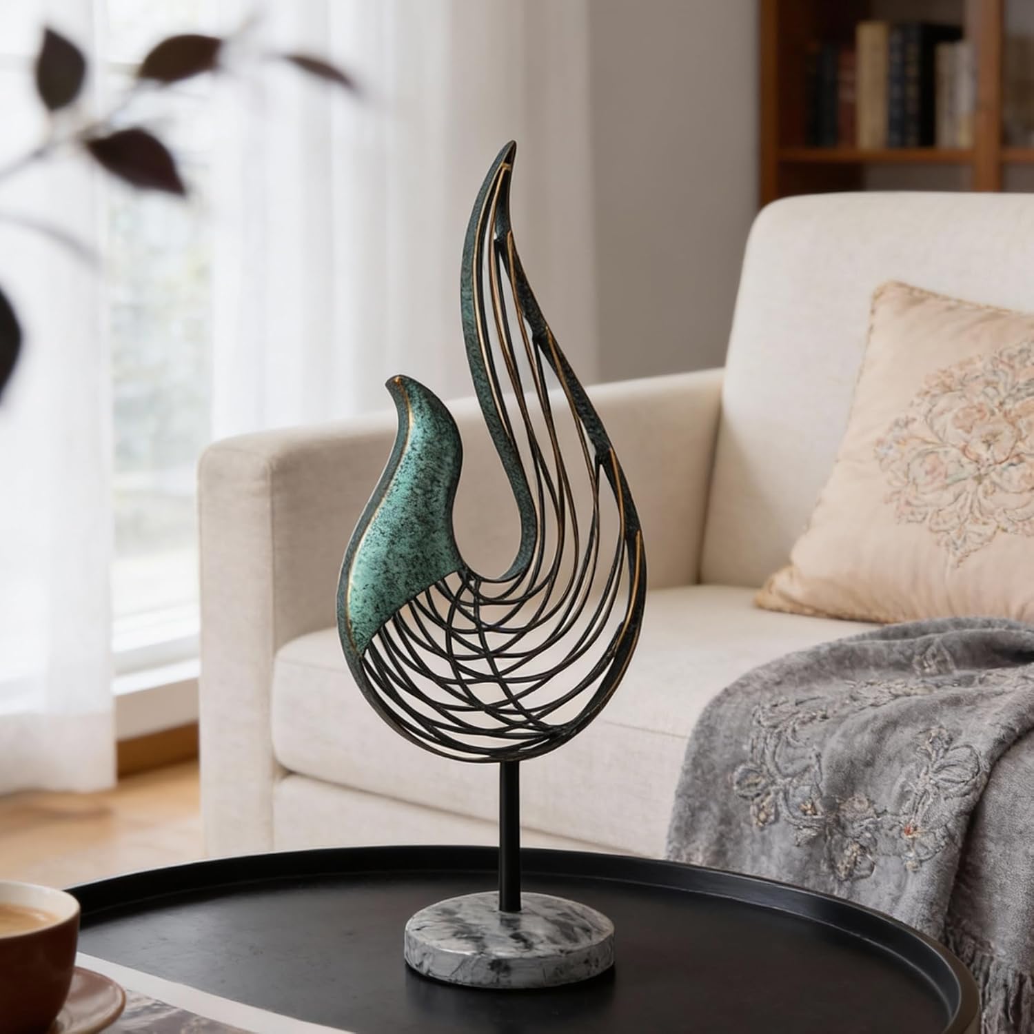 Teal Abstract Bird Sculpture, Modern Metal Wireframe Art Decor with Base, Minimalist Home Decor Accent for Living Room Table, Office Desk, Shelf Display