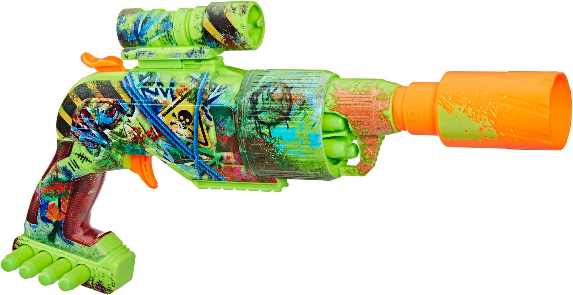 Nerf Zombie Driller Dart Blaster, 16 Nerf Elite Darts, Rotating 5 Dart Cylinder, Removable Scope, Outdoor Games, Ages 8+
