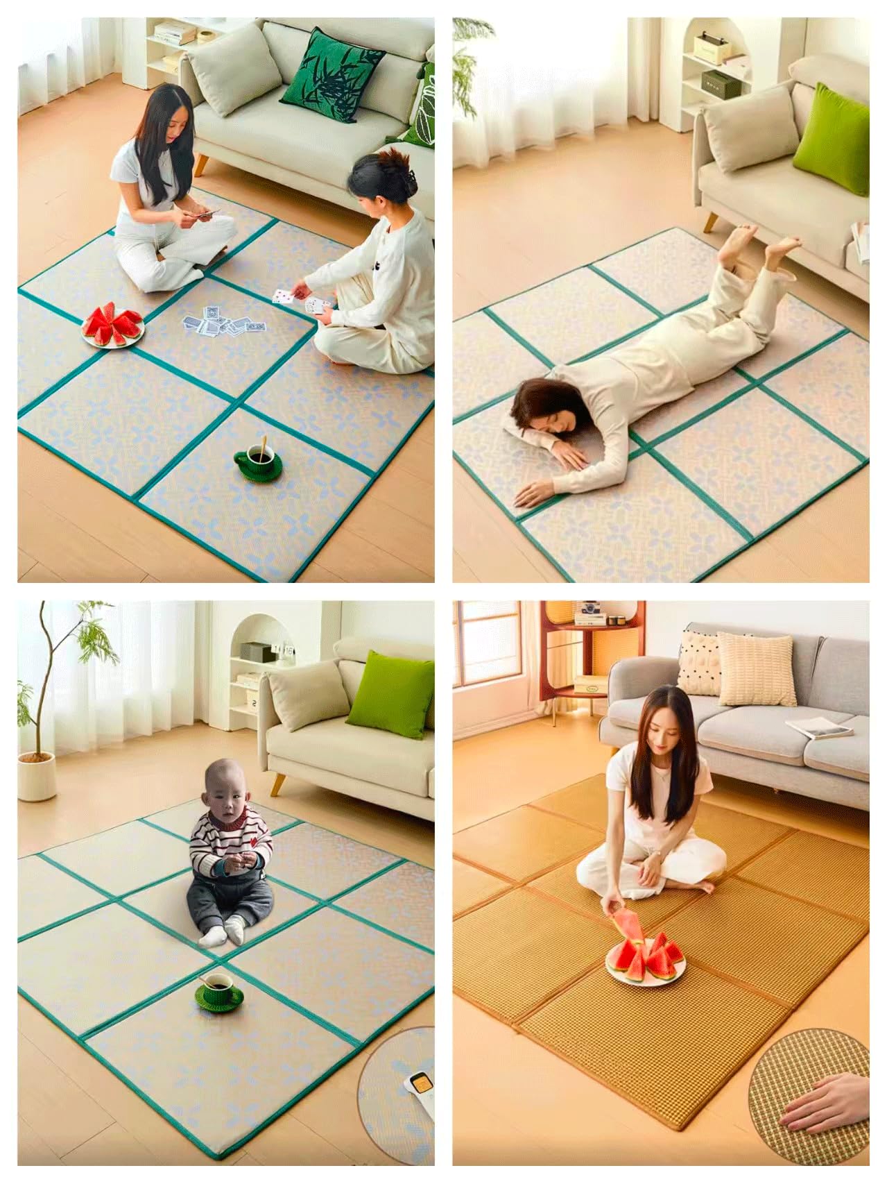 Grand Tatami Japonais D'été Respirant, Tapis De Sol Pliable En Rotin, Antidérapant, Mousse à Mémoire De Forme, Tapis Rampant, Salon, Chambre à Coucher, Sal(Size:4 piece 120x120cm/47.2x47.2in,Color:C)