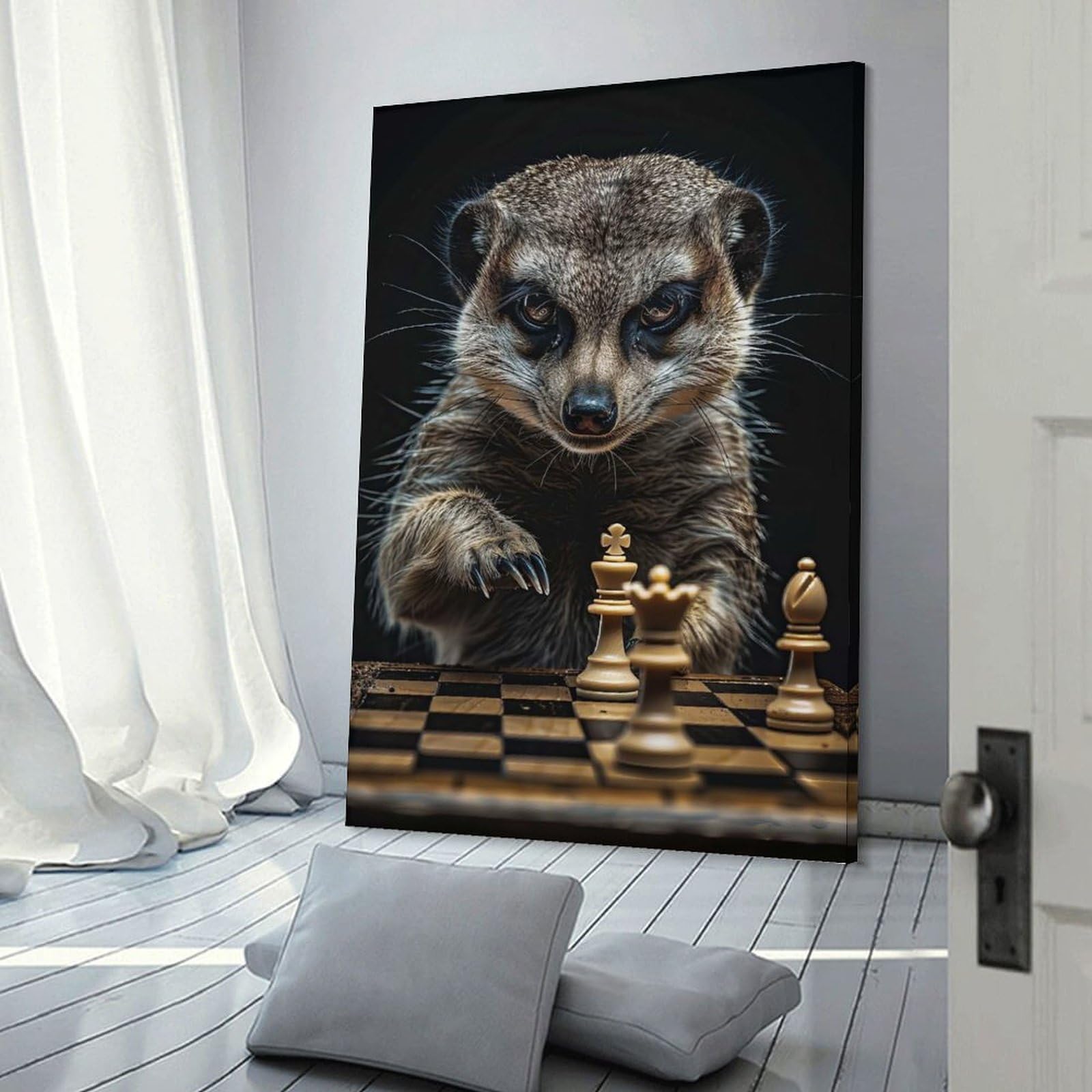 Junmoney Meerkat Chess Wall Art Print, 20x30inch(50x75cm), for Wall Displays, Bedrooms Or Room Updates, A Versatile Canvas Print for Layering