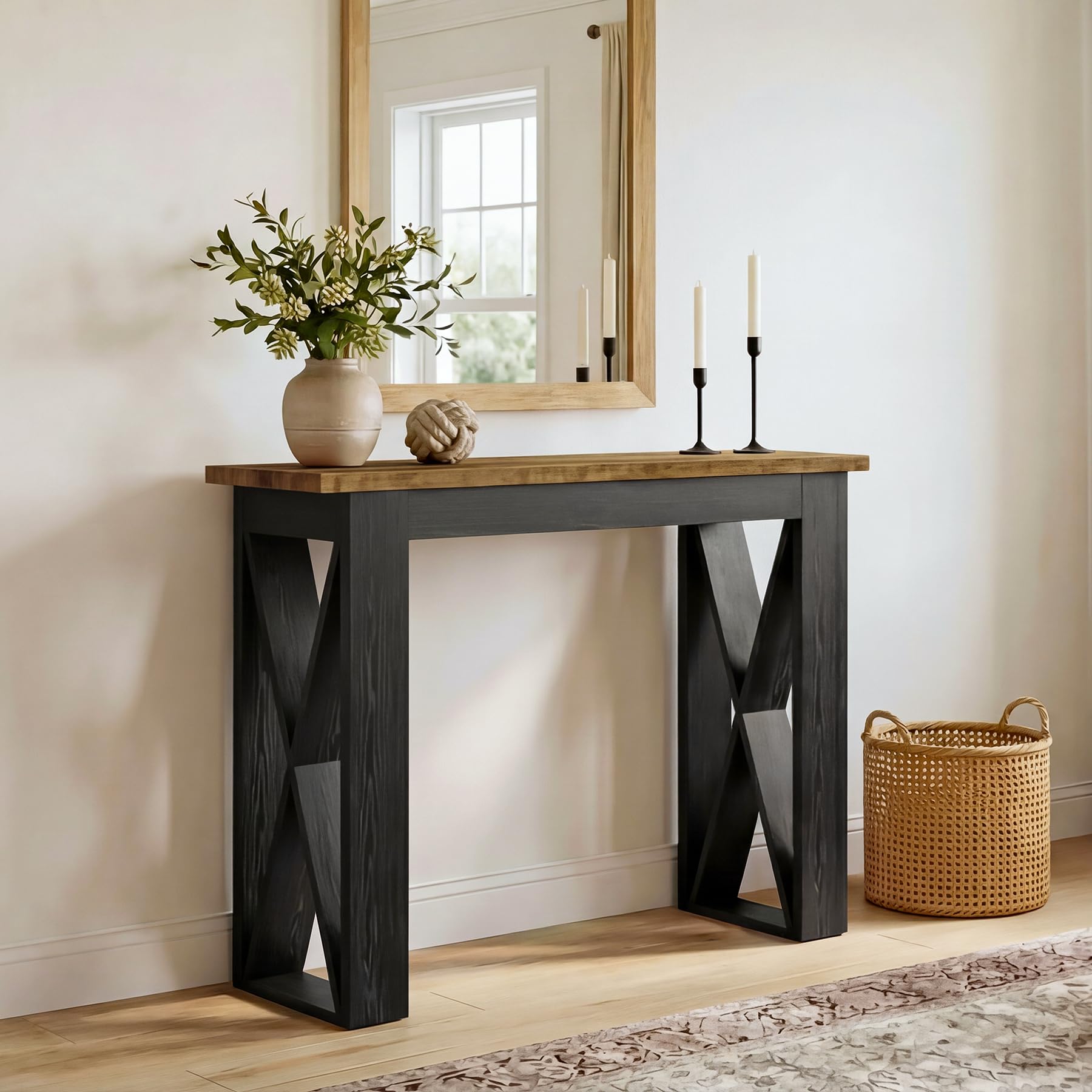 Tribesigns Mesa Consola Estrecha Industrial de 105 cm, Consola de Entrada para Sofá con Patas Metálicas para Salón, Entrada, Cocina, Dormitorio, Marrón Rústico y Negro