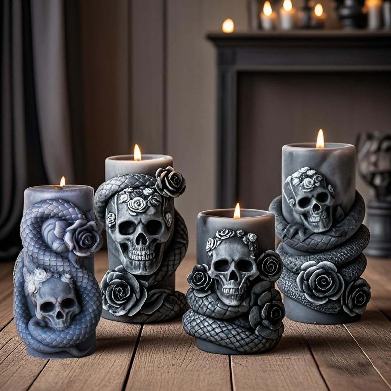 4 Pcs Snake & Skull Silicone Candle Molds, Cylinder Snake Candle Molds, Resin Casting Silicone Molds for Epoxy Resin Craft, Soap, Clay, Candle Wax Casting, Perfect for Halloween Home Decoration