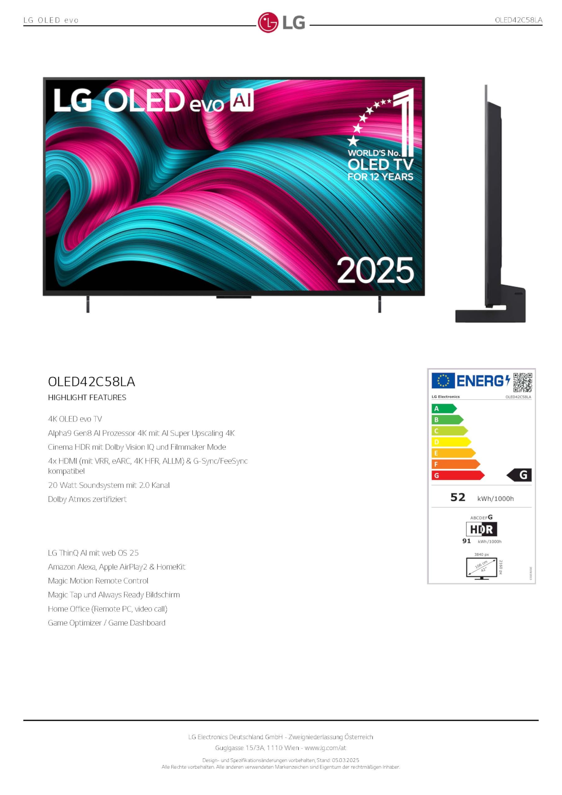 LG OLED EVO 42C58LA 42 Zoll Fernseher, 4K Smart TV 120Hz, a9 Gen8 AI Prozessor 4K, WebOS 25