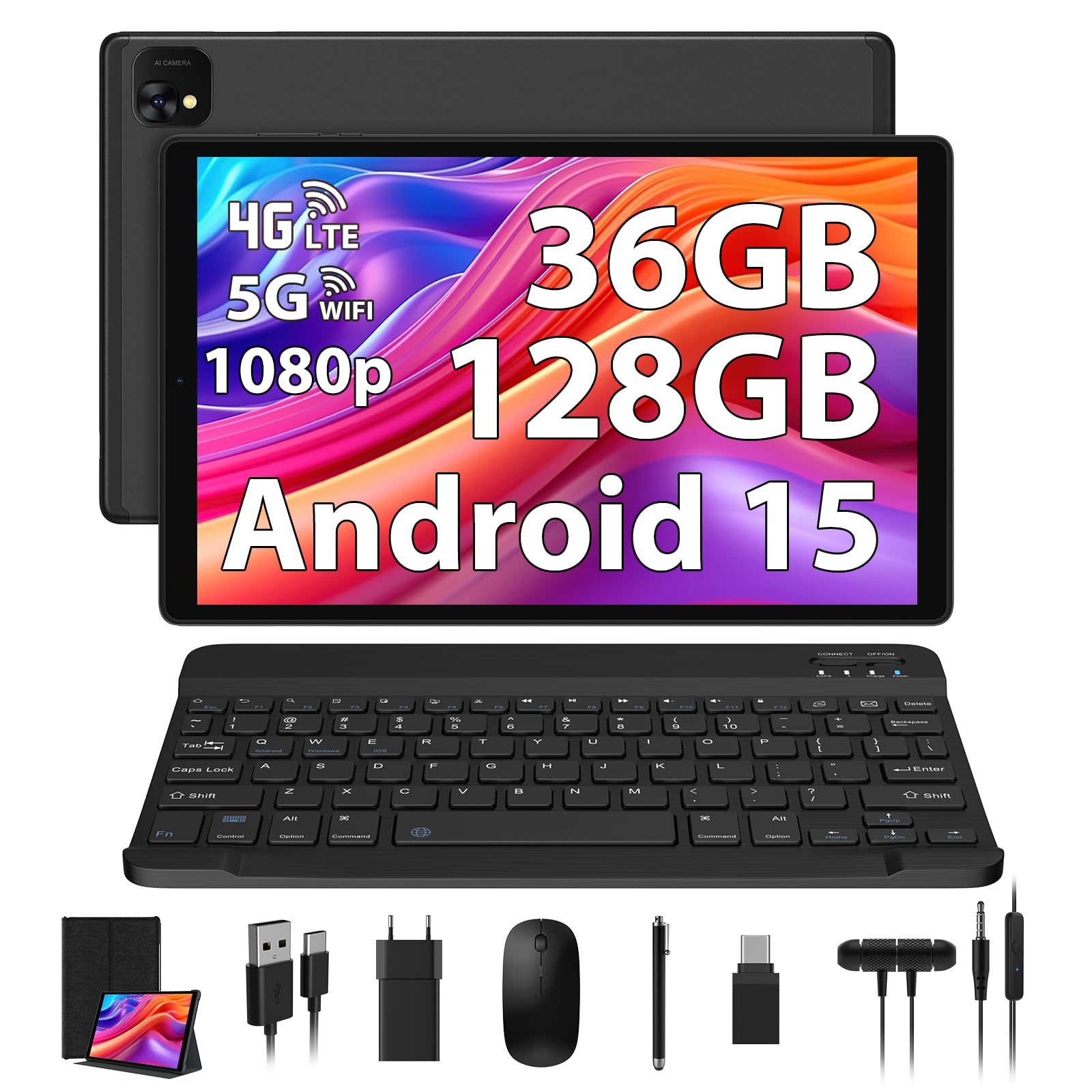 PIXPEAK Tablet 10 Pulgadas 4G LTE y 5G WiFi, Android 15.0 Octa-Core 2.0GHz, 36GB RAM, 128GB ROM(1TB Expandible), 1920 * 1200FHD, 13MP+8MP, Tablet con Teclado etc, GPS/Bluetooth, Negro
