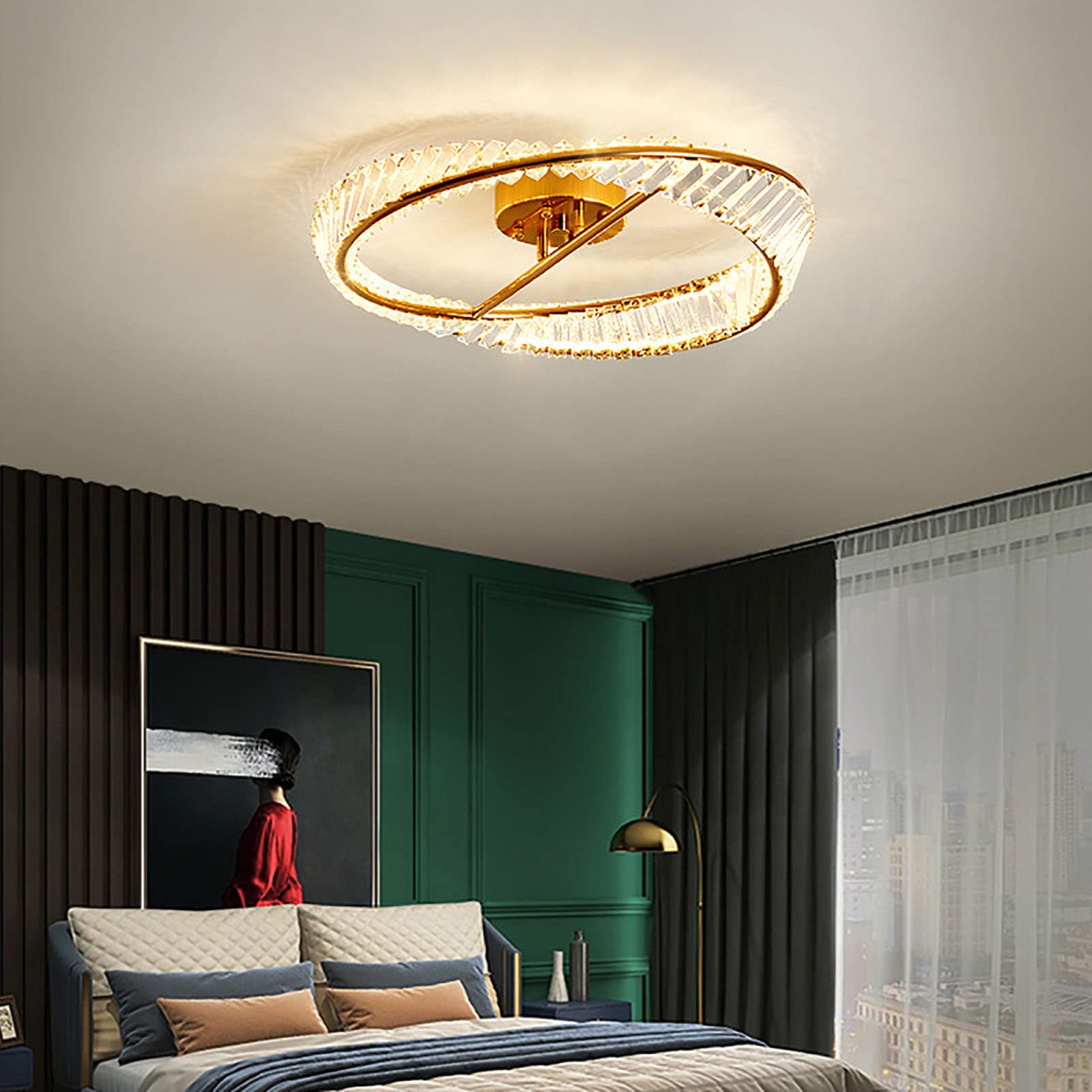 CLoxks Lámpara de Techo,Luz de techo de cristal de lujo, luz de cristal de moda redonda creativa, luz de sala de estar, luz de comedor, luz de dormitorio, luz de techo de cristal de estudio-dorado.