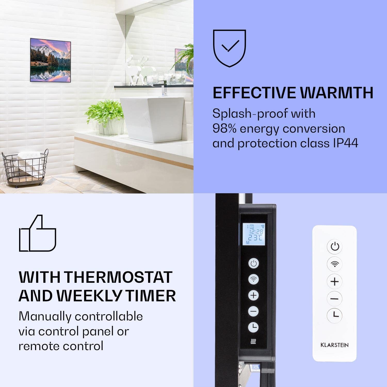 Radiateur Électrique Klarstein 1000W - Convecteur Mural/ Mobile - Thermostat LCD - IP24 Salle Bain