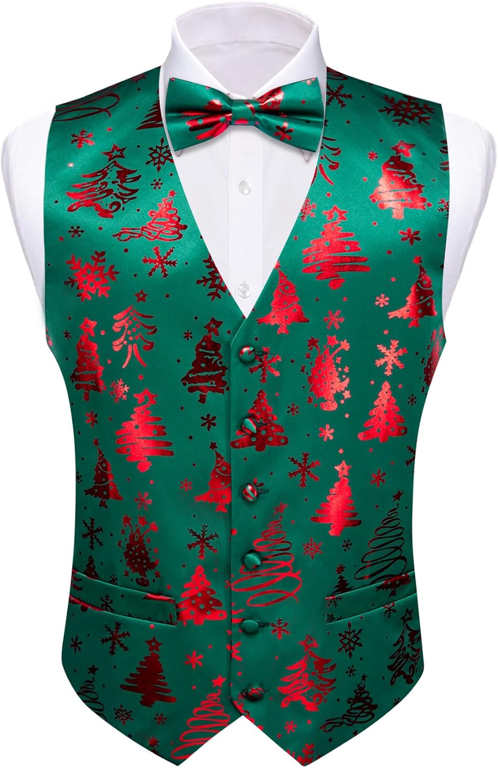 Barry.Wang Mens Christmas Vest Red Green Xmas Tree Snowman Snowflake Festival Suit Waistcoat Bow Tie Set Holiday