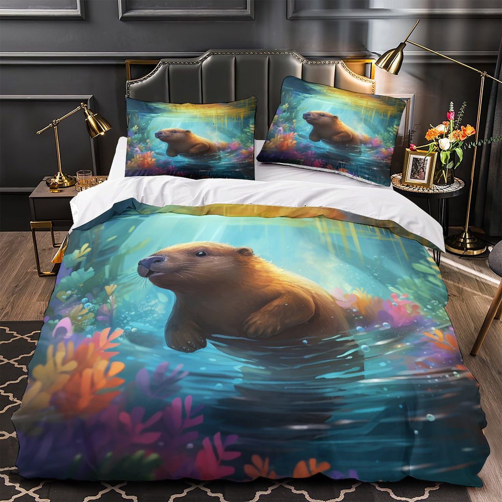Lontra 3 Pezzi Copripiumino Motivo Per Bambini Adulto Set Biancheria Singolo,Matrimoniale Lontra Copripiumino,Anti-acaro Con Chiusura A Cerniera Facile Da Pulire Grande（220x240cm）