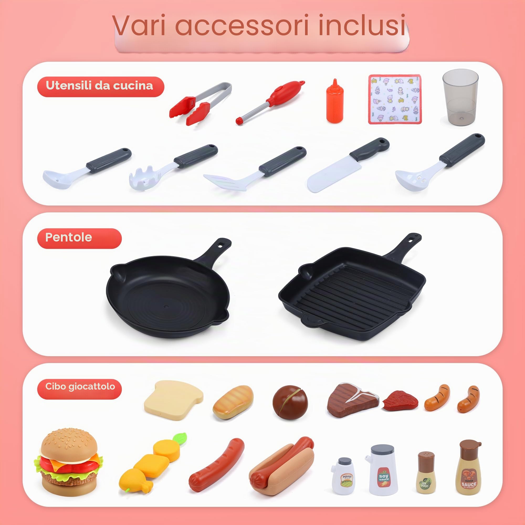 CUTE STONE barbecue giocattolo in pietra per bambini, set da cucina, set da gioco realistico per barbecue con fumo e accessori da cucina Rosa