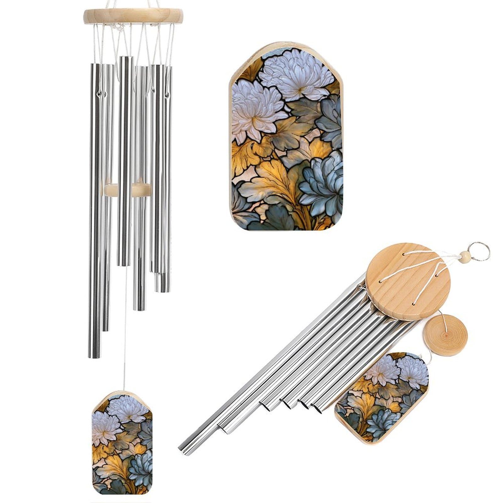 Stained Glass White Chrysanthemum Flowers Wind Chimes Memorial Deep Tone Windchime with 6 Aluminum Tubes Outdoor Backyard Garden Decoration