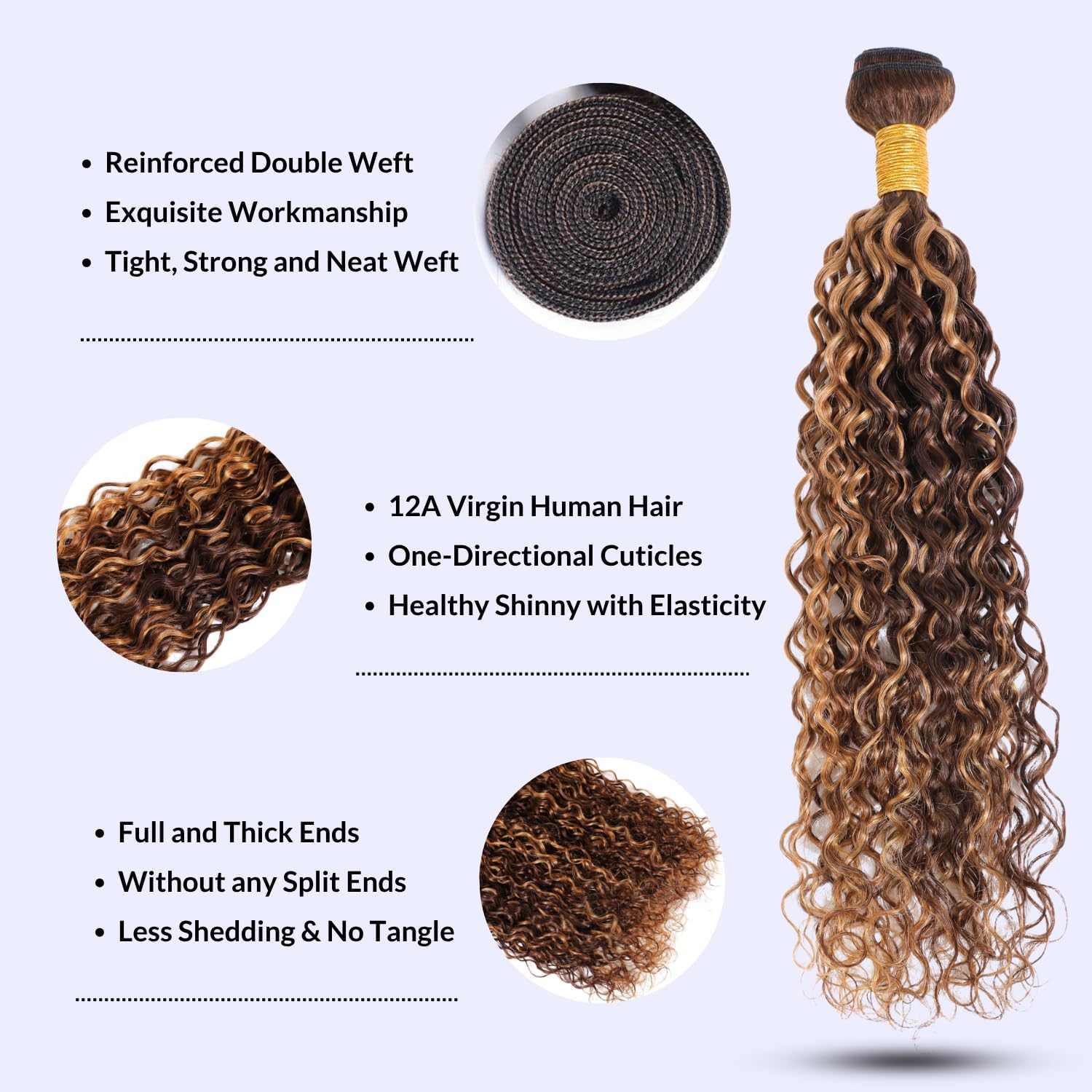 Water Wave Honey Blonde Curly Human Hair Bundles, Glossy & Shed-free P4/27 Brown and Blonde Highlight Wet And Wavy Bundle Weave Piano Color 12A 100% Remy Human Hair Single Bundle 10 Inch