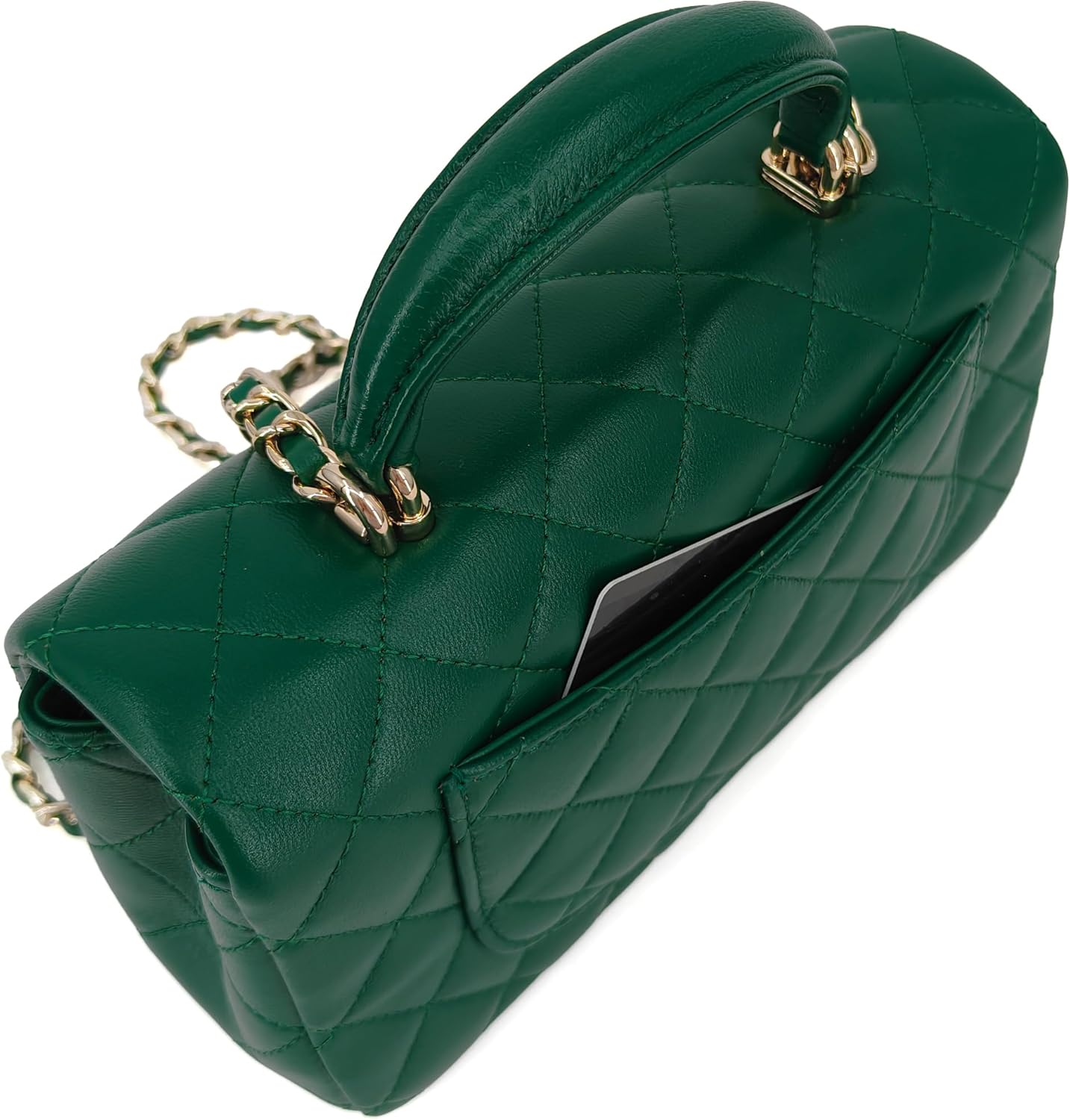 Small Quilted Crossbody Bag for Women, Genuine Leather Mini Shoulder Flap Purse with Gold Chain Strap & Top Handle - Image 8