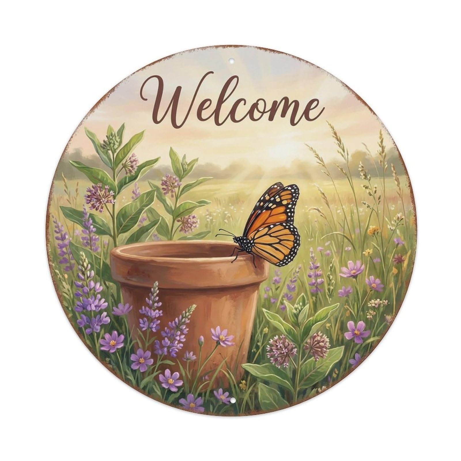 Welcome Butterfly Wildflowers Vintage Metal Tin Sign Plaque Wall Decor for Cafe, Club Bar, Office, Garden Metal Poster 8x8Inch