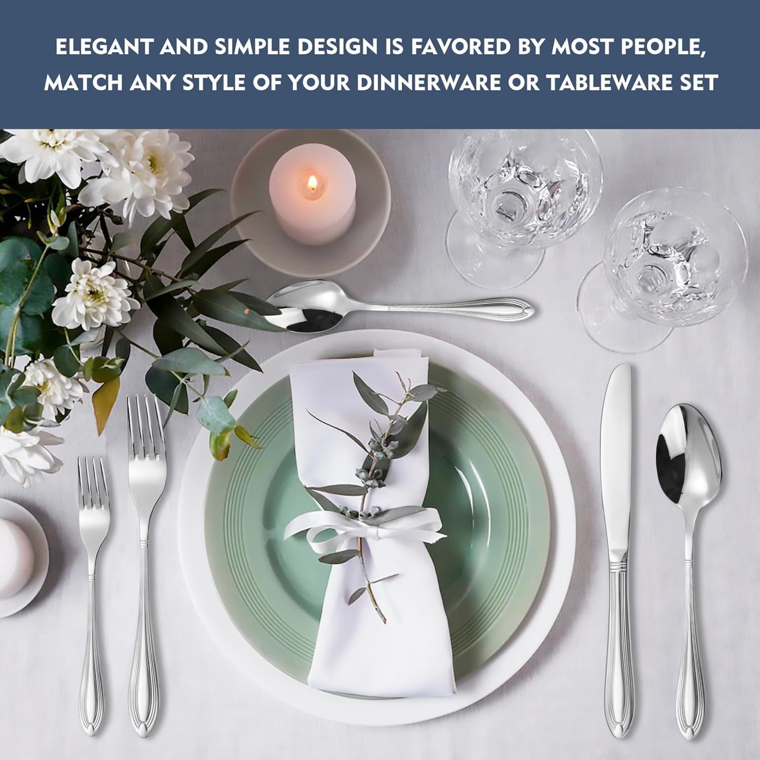 Silverware Set for 8, 40-Piece Flatware Set Include Spoons And Forks Set, Stainless Steel Cutlery Set with Line Pattern, Mirror Polished, Dishwasher Safe.