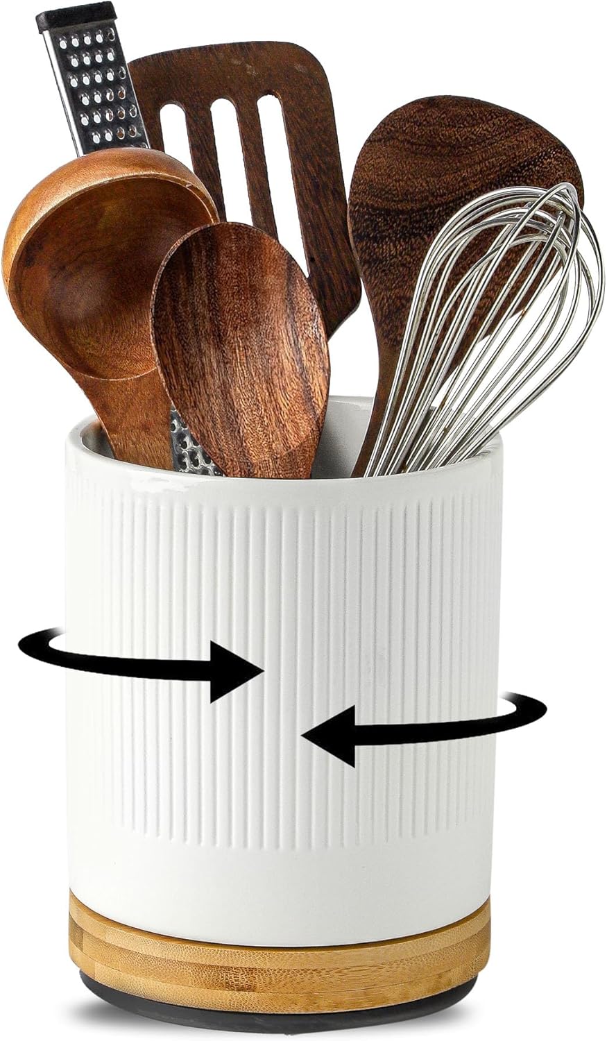 Kitchen Utensil Holder for Countertop, Ceramic Rotatable Utensil Crocks, Kitchen Tool Holder, Cooking Utensil Holder Organizer for Spatula, White