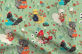 Spoonflower Fabric - Chicken Flowers Apples Animals Tulips Eggs Chicken Printed on Upholstery Velvet Fabric Fat Quarter - Upholstery Home Decor Bottomweight Apparel