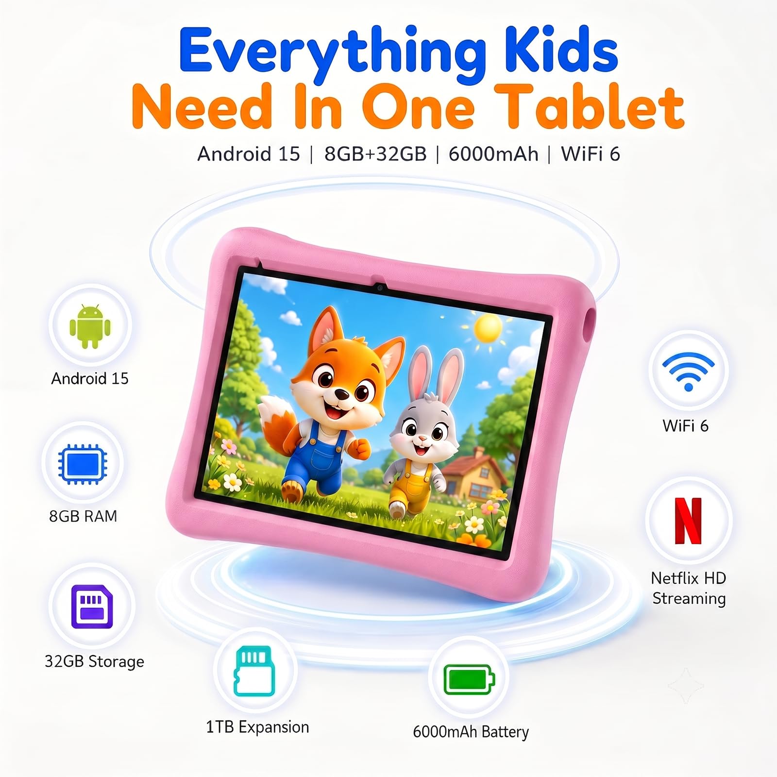 Tablet per bambini da 10 pollici Android Tablet per bambini viene fornito con una custodia protettiva resistente agli urti, 8 GB RAM 32 GB ROM tablet supporta MicroSD da 1 TB, batteria 6000 mAh doppia