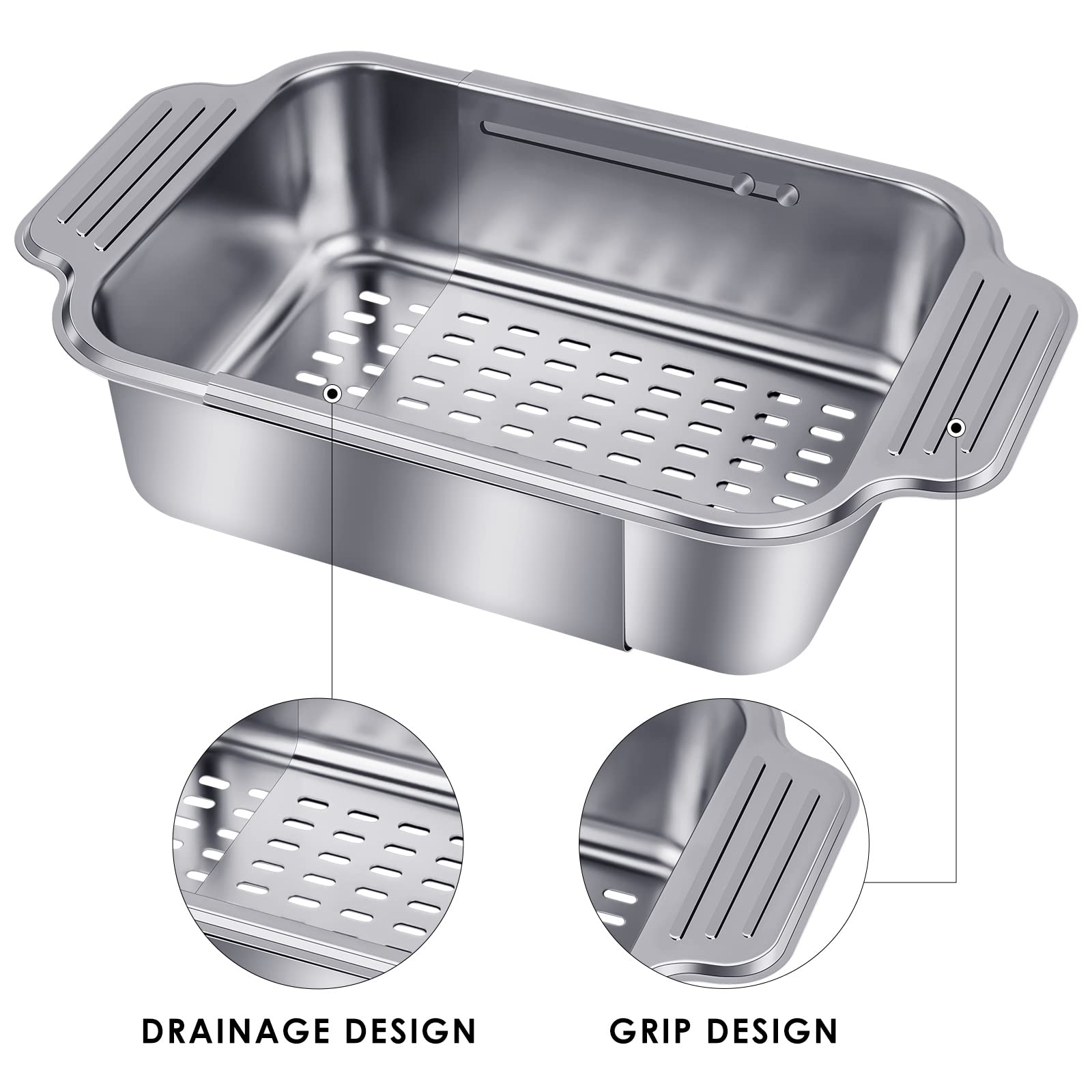 Passoire D’évier Extensible En Inox – Panier à Mailles Fines, Poignées Caoutchouc – Pour Fruits, Légumes, Pâtes