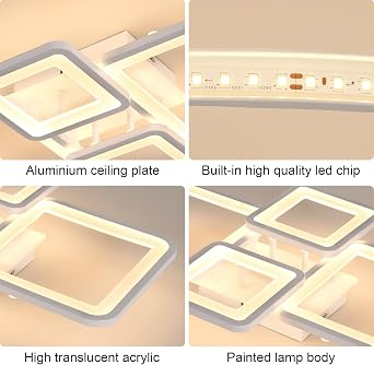 Comely LED Ceiling Light Dimmable, 54W Ceiling Lamp with Remote Control | Modern White 4 Square Acrylic Ceiling Lighting for Living Room Bedroom Kitchen Dining Room, 3000K-6500K [Energy Class E]