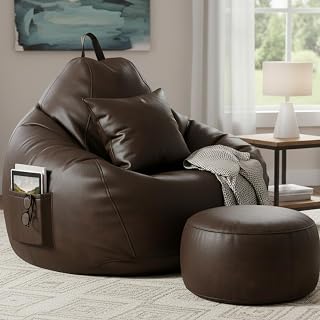 KAM'S LIEU Bean Bag Chair with Footrest & Cushion | Pre-Filled Beans | PVC Leatherette Lounger Sofa | Indoor & Outdoor Bea... Price In India