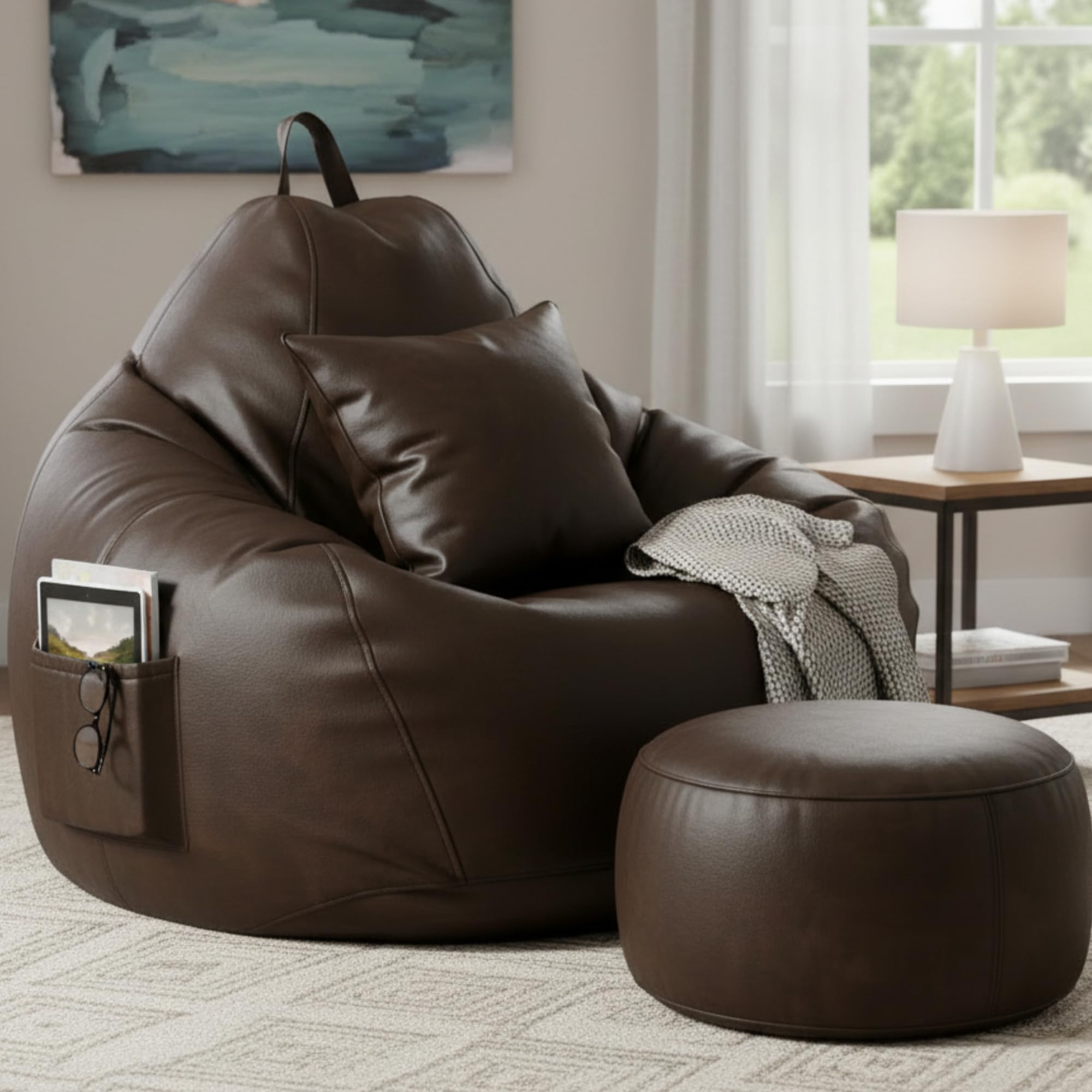 Bean Bag Chair with Footrest & Cushion | Pre-Filled Beans | PVC Leatherette Lounger Sofa | Indoor & Outdoor Bean Bag | 6 Months Warranty Size & Color- (Brown, XXXXXL, Premium)-image-6