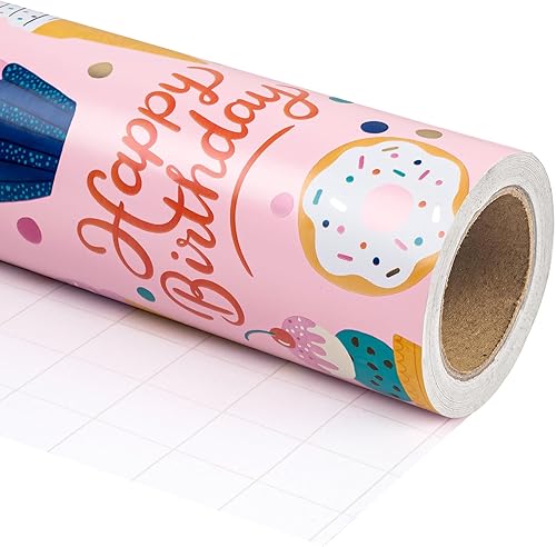 Vista 484 de WRAPAHOLIC Papel de regalo reversible, mini rollo, 17 pulgadas x 33 pies, adorable diseño de gato y azul sólido para cumpleaños, vacaciones