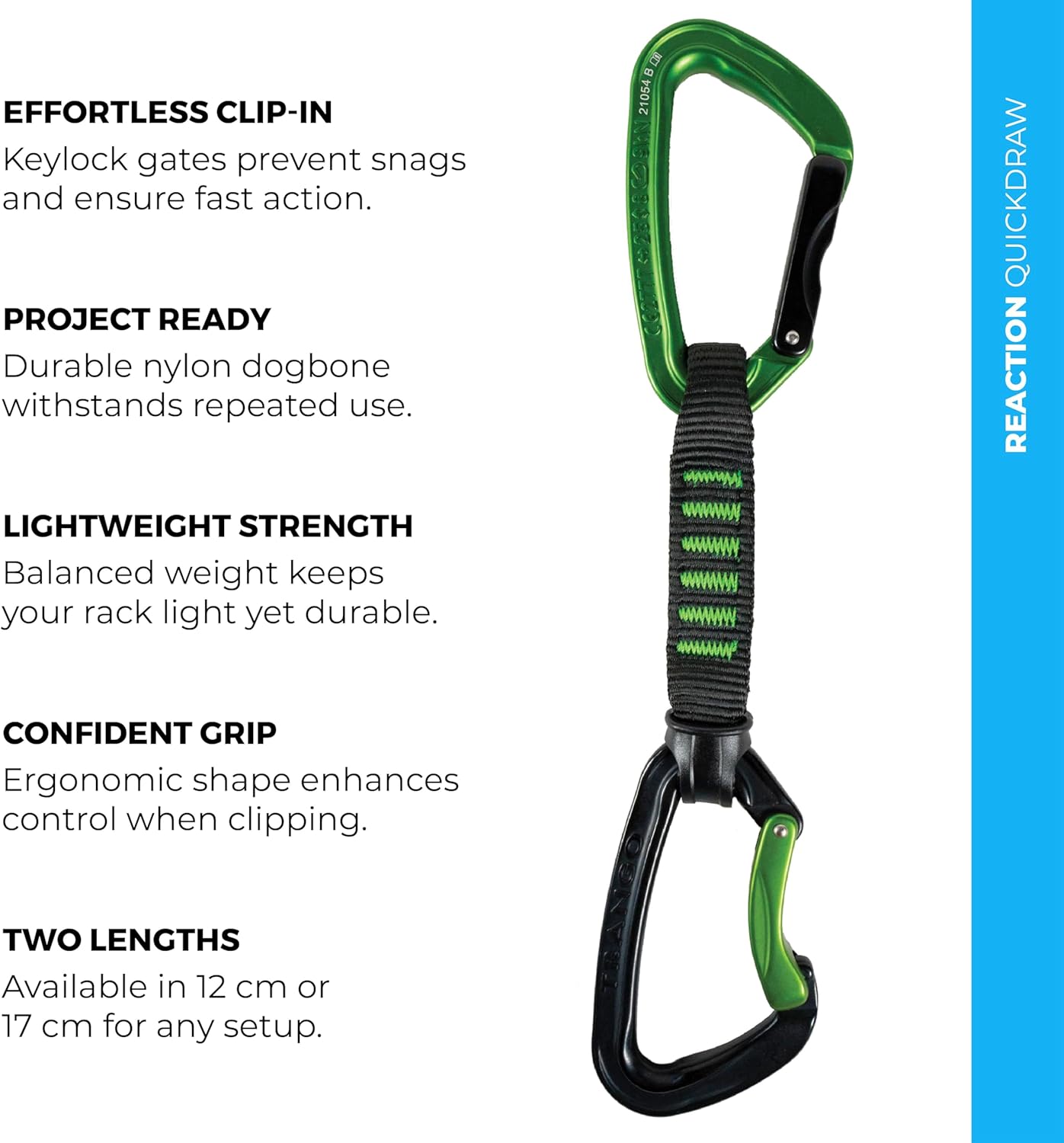 Trango Reaction Quickdraw - Keylock Sport Climbing Draw with Thick Dogbone for Gym & Outdoor Rock Climbing, Easy Clipping, 12cm, 17cm, 6-Pack