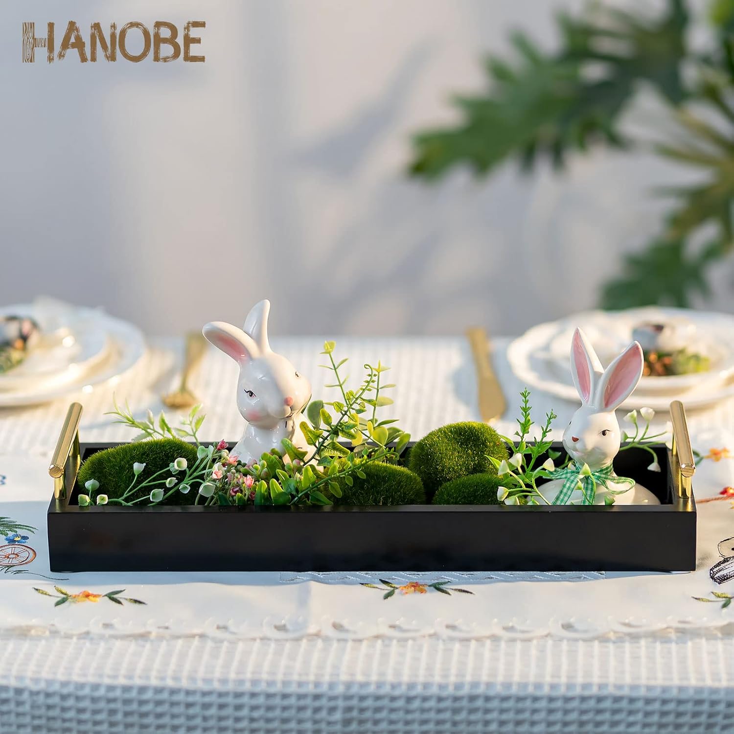 Hanobe Rectangle Long Narrow Tray: Decorative Trays Rectangular Candle Holder Trays for Home Decor White Centerpiece Tray Decor Serving Tray with Gold Handles for Dining Table Coffee Bar Living Room - Image 8