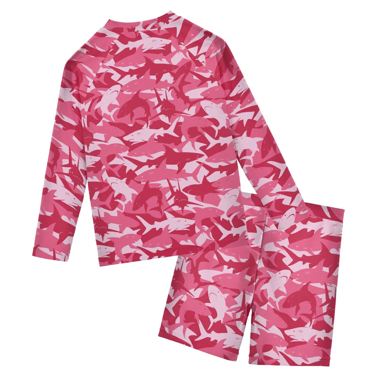 Aflyko Kids' Bathing Suit Set Shark Pinks Camo Long Sleeve Swim Tops with Shorts Summer Vacation Pool Party Rashguard Fun Cute Toddler Infant Beachwear, 4T