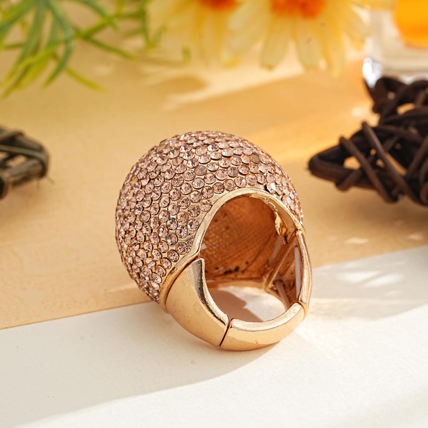 Gold Snowball Rhinestone Cocktail Ring – Adjustable Stretch Sparkling Party Jewelry for Women, Elegant Costume Ring for Evening Wear, Wedding, Prom - Image 7