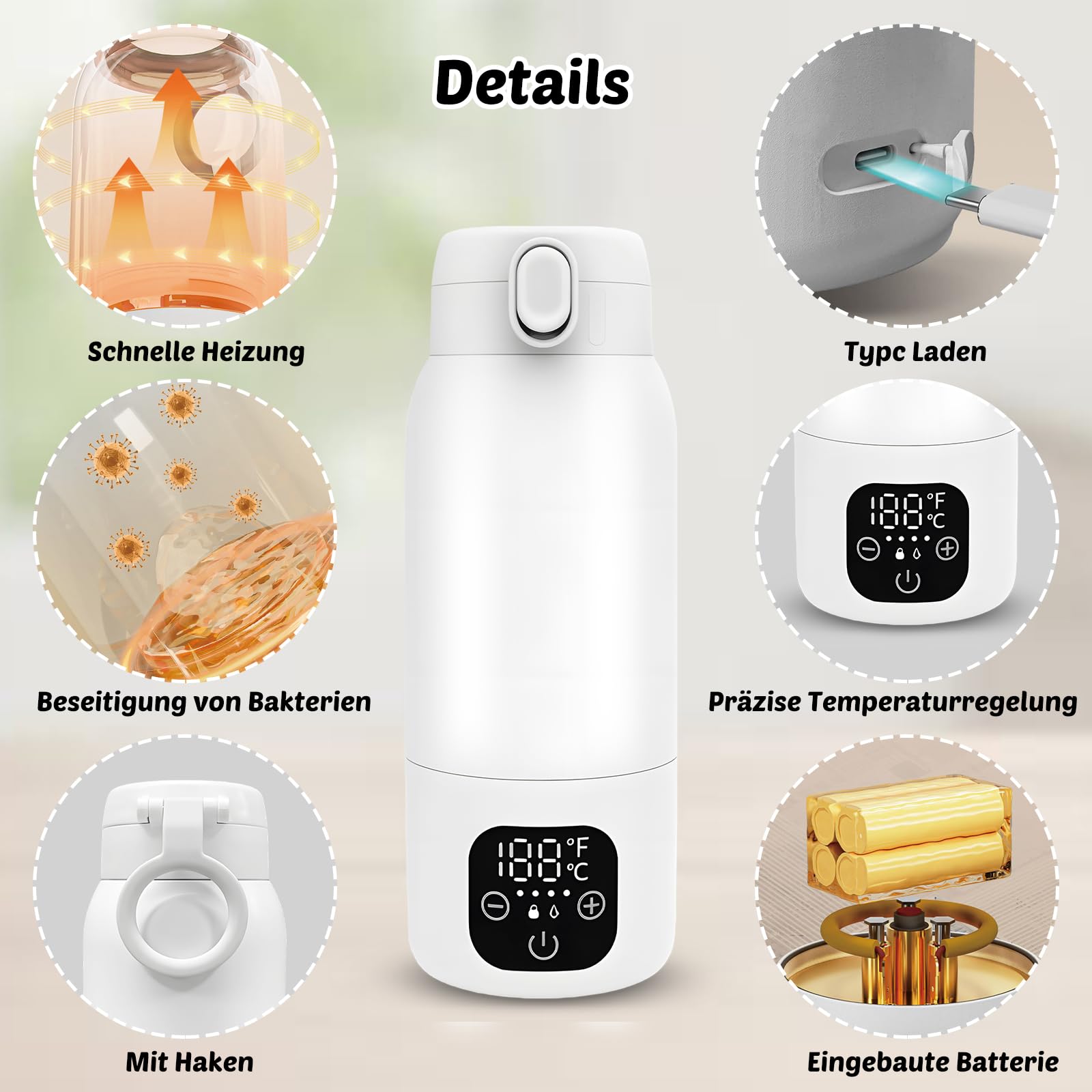 Strixorn Draagbare babymelkverwarmer voor onderweg, 500 ml grote capaciteit, flessenwarmer, snelle opwarming, moedermelk, water of melk, maximale temperatuurinstelling 70 °C, desinfectiefunctie