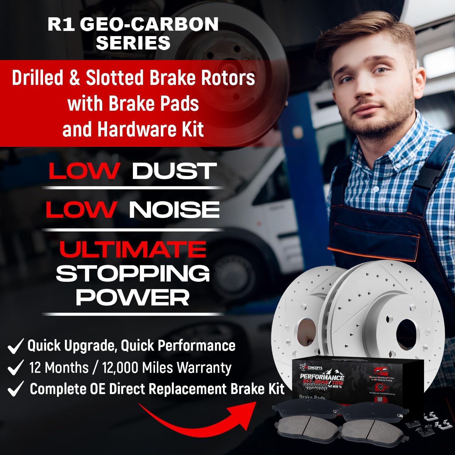 R1 Concepts Front Brake Kit For 2012-2024 Dodge Durango, 2014-2022 Jeep Grand Cherokee| Drilled Slotted Brake Rotors| Off-Road/Tow Brake Pads and Rotors Kit| Hardware included