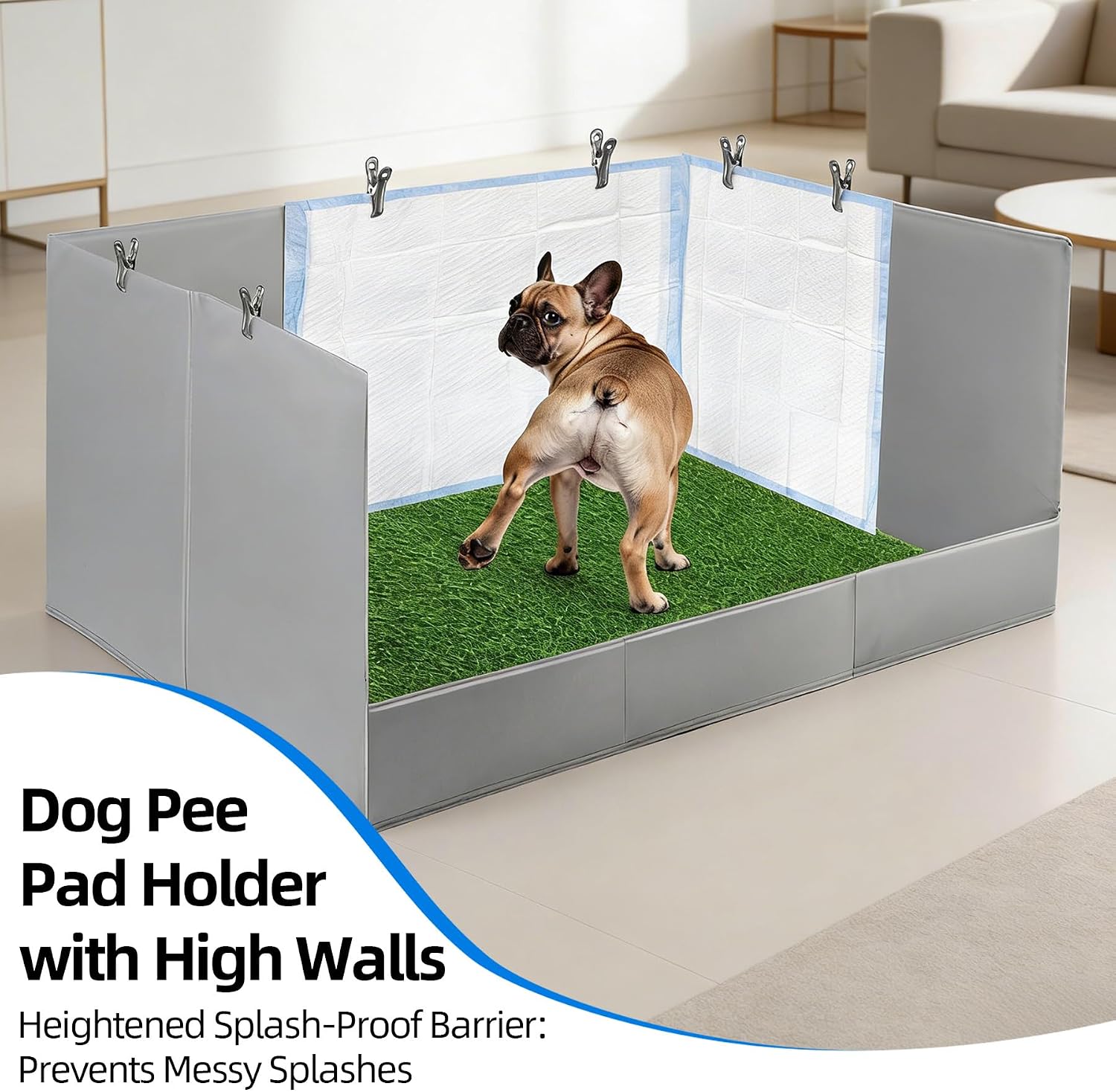 High Walls Dog Pee Pad Holder with Artificial Grass, 32.3"x22"x15.7" Foldable No-Splash No Assembly Indoor Dog Litter Box for Small/Medium Dogs Puppy Potty Training (Gray1)