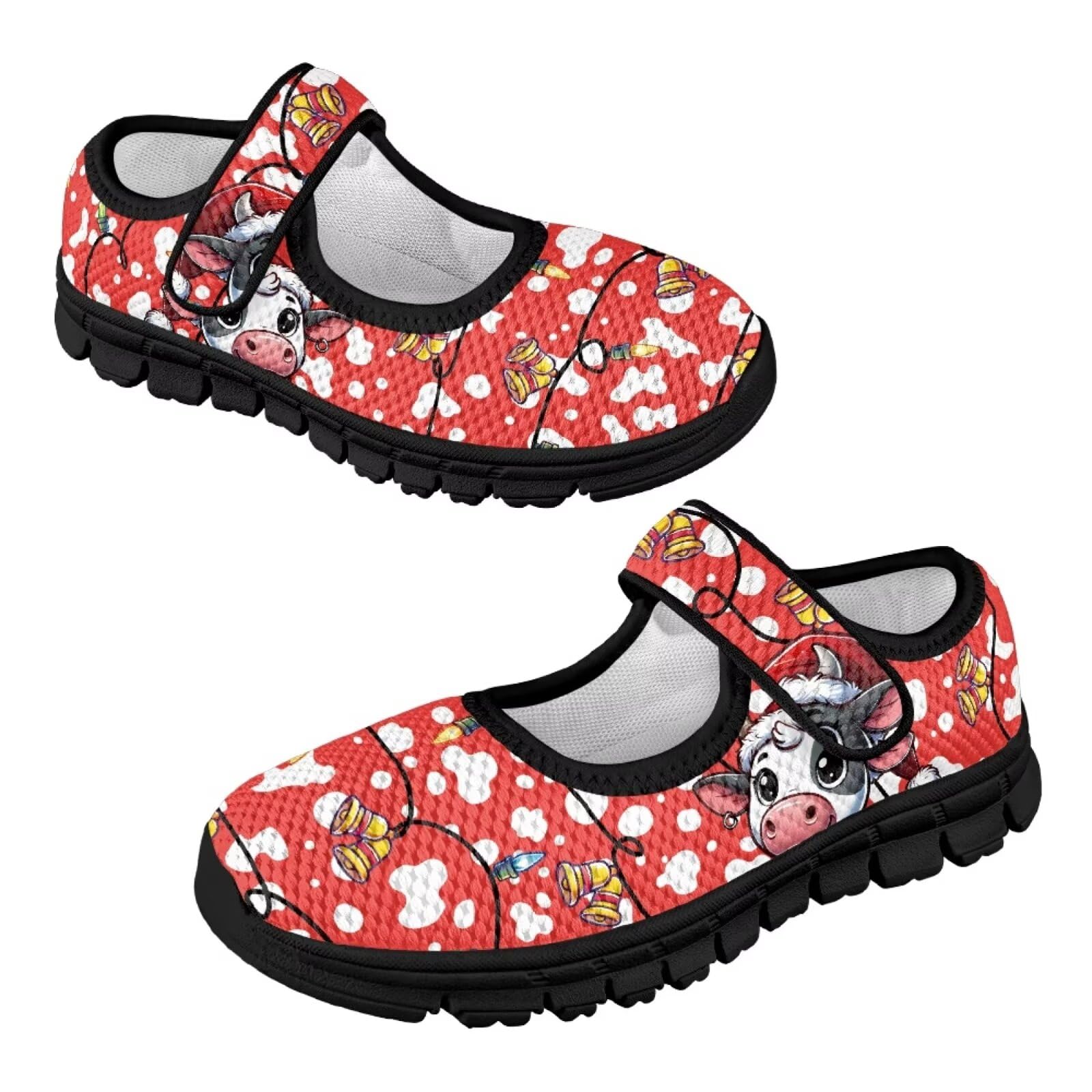 Glomenade Christmas Cow Print Girls Mary Jane Sneakers Dress Shoes Athletic Walking Shoes Non-Slip Sole for Outdoor Camping Hiking