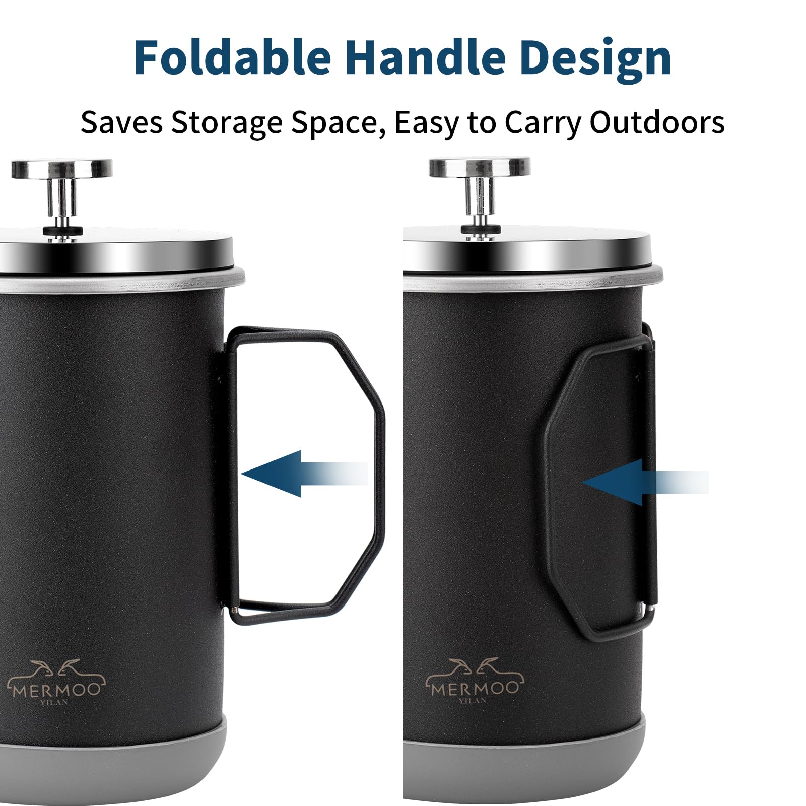 MERMOO YILAN French Press - Cafetera manual de 1000 ml para 4-6 tazas, mango plegable, prensa de café aislada portátil para camping, viajes, uso doméstico (plata)