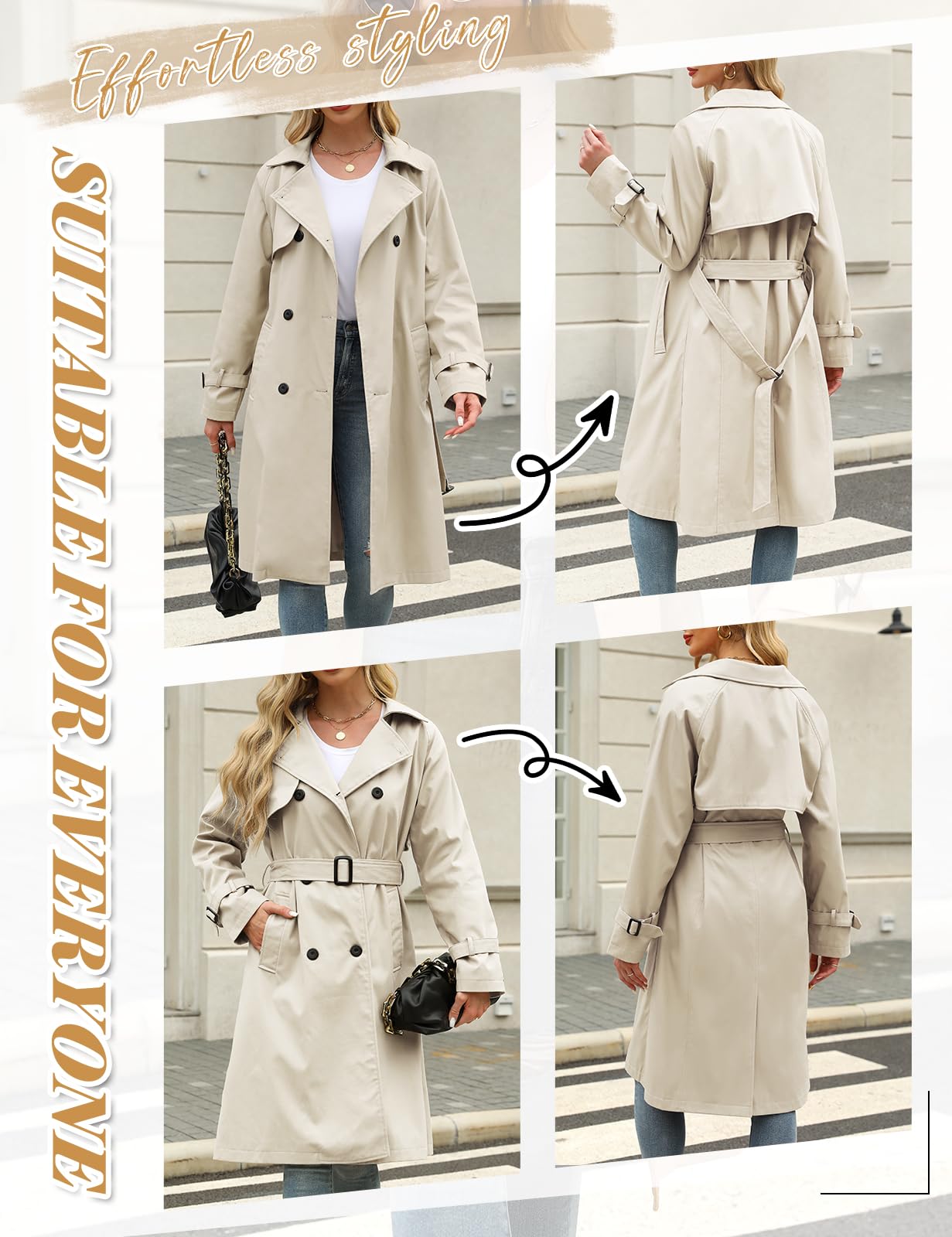Vancavoo Trench Coat Femme Manteau Printemps Long Veste Blouson Classique Double Boutonnage Blazer Manteau Jacket Coat Automne Hiver Outwear